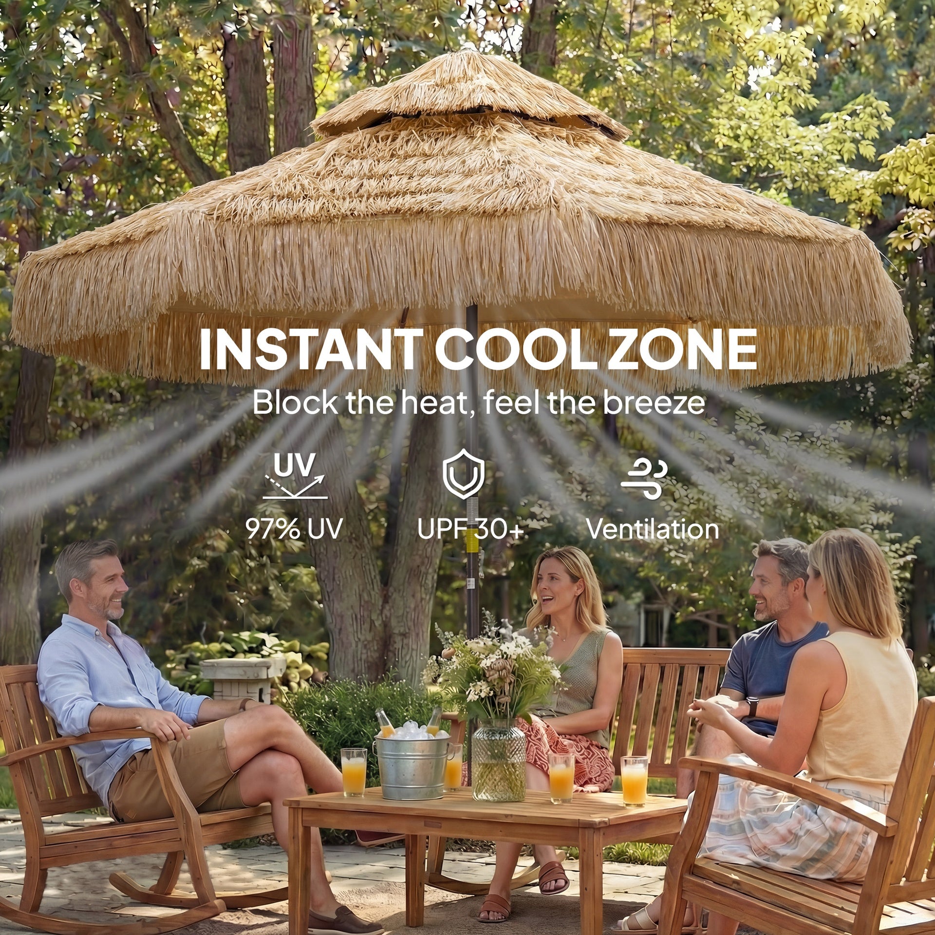 Outsunny 8.5 FT Hula Thatched Tiki Patio Umbrella, 2-Tier Tropical Hawaiian Style Outdoor Umbrella with 8 Ribs, UPF30+, Khaki