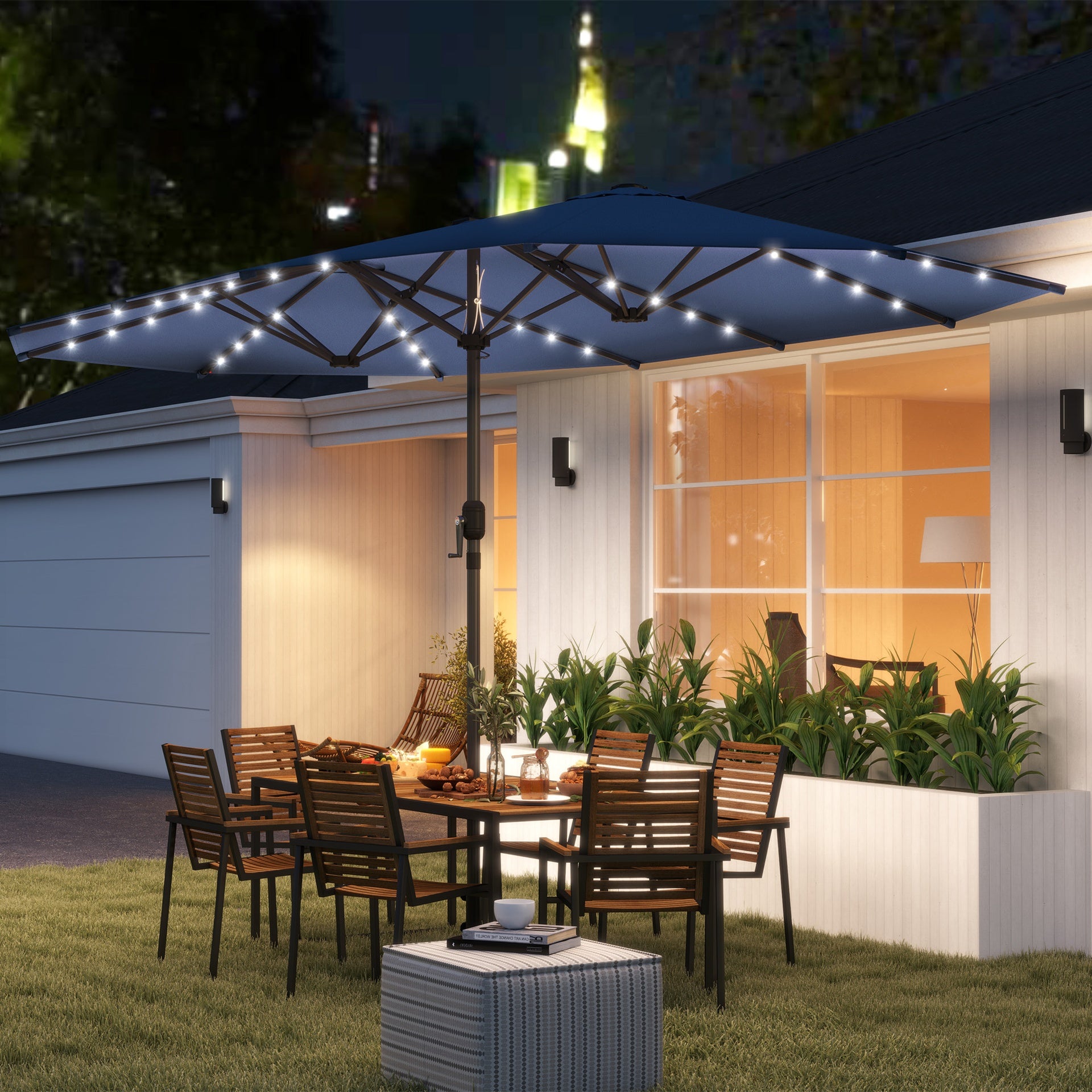 Outsunny Garden Parasol, Double-Sided Sun Umbrella with LED Solar Lights, Patio Parasol for Outdoor, Blue