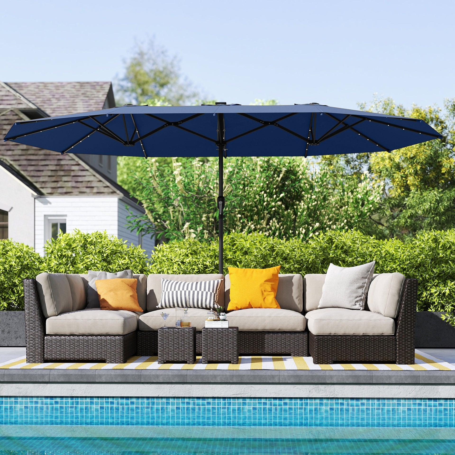 Outsunny Garden Parasol, Double-Sided Sun Umbrella with LED Solar Lights, Patio Parasol for Outdoor, Blue