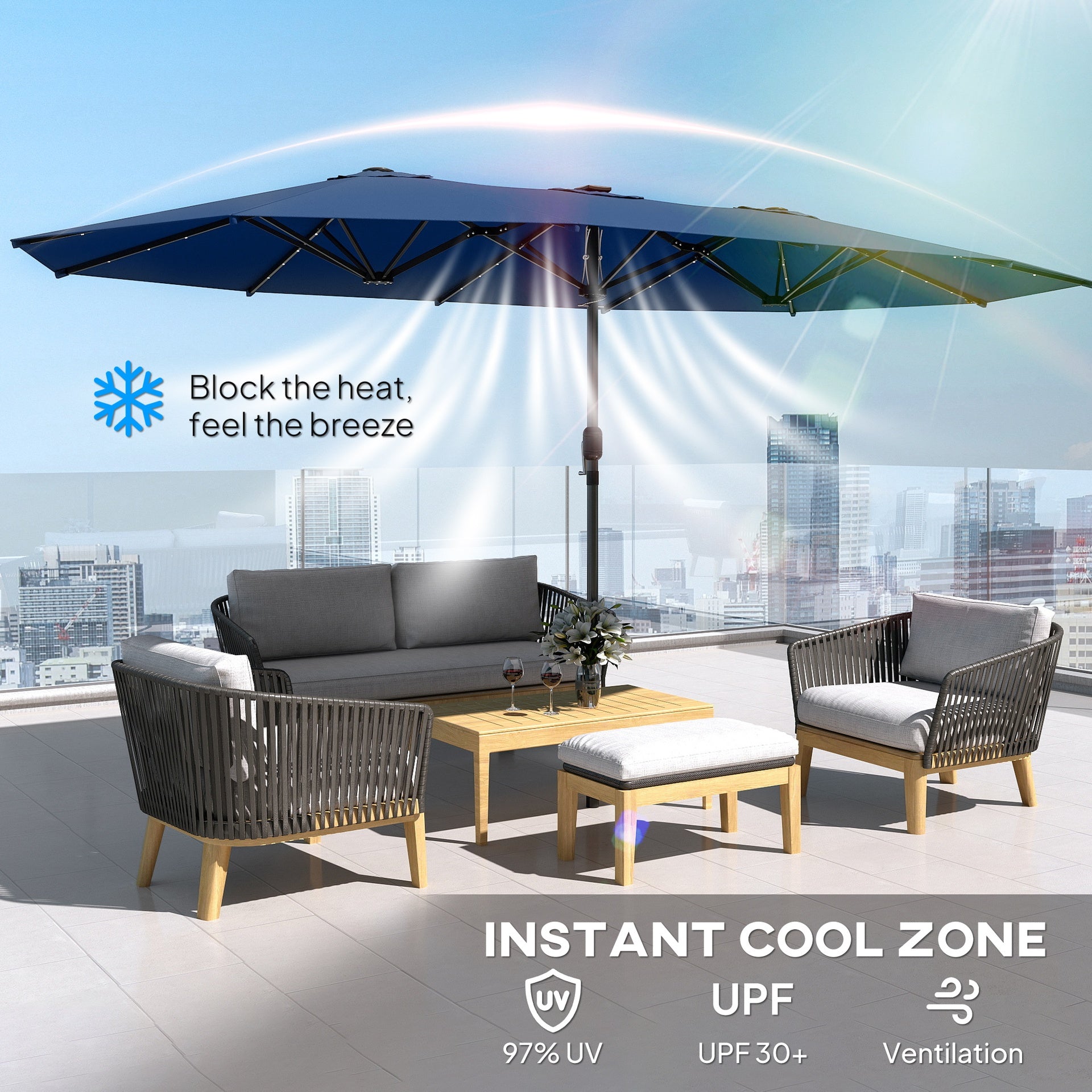 Outsunny Garden Parasol, Double-Sided Sun Umbrella with LED Solar Lights, Patio Parasol for Outdoor, Blue