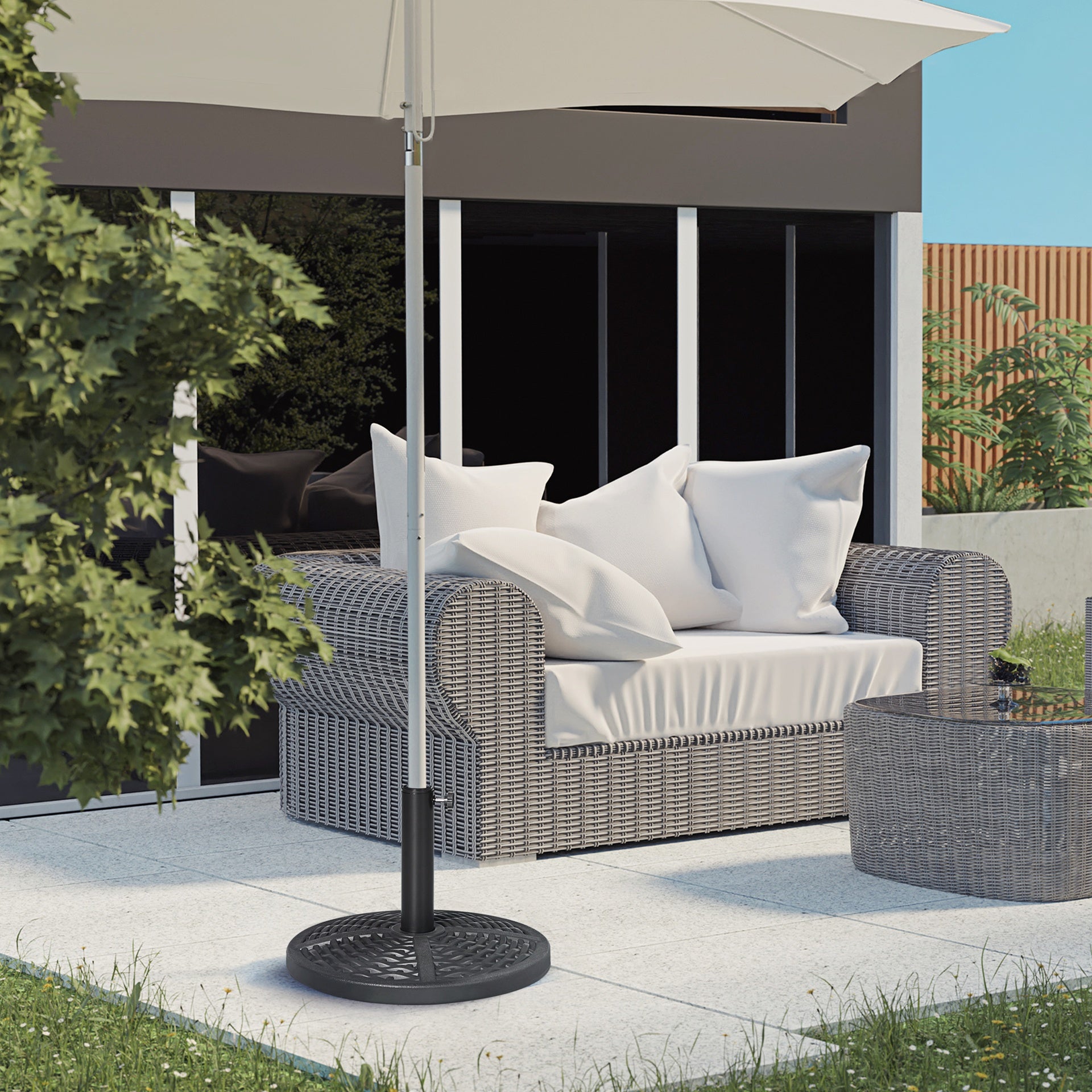 Outsunny 30 lbs. Market Umbrella Base Holder 18" Heavy Duty Round Parasol Stand with Rattan Design for Patio, Black