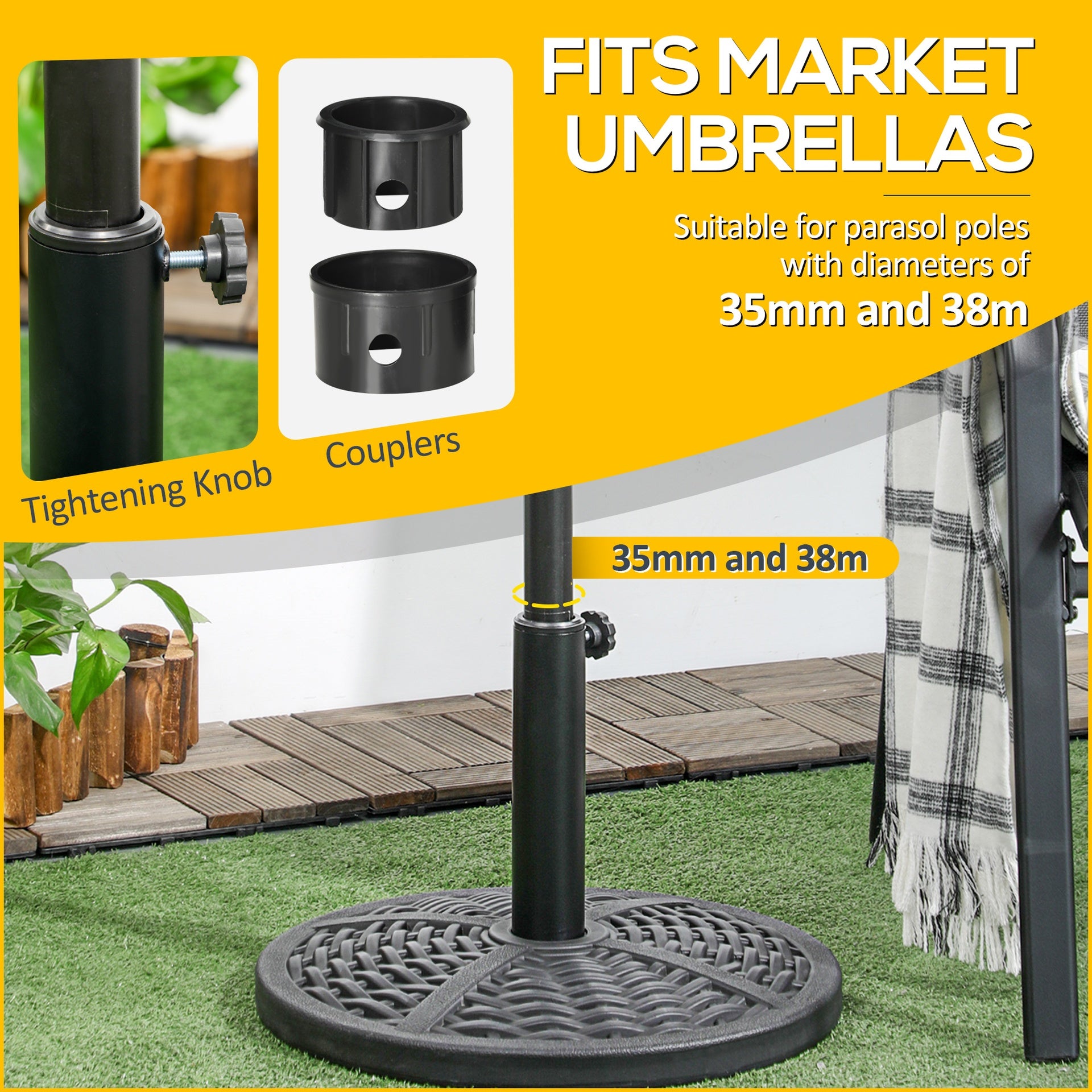 Outsunny 30 lbs. Market Umbrella Base Holder 18" Heavy Duty Round Parasol Stand with Rattan Design for Patio, Black