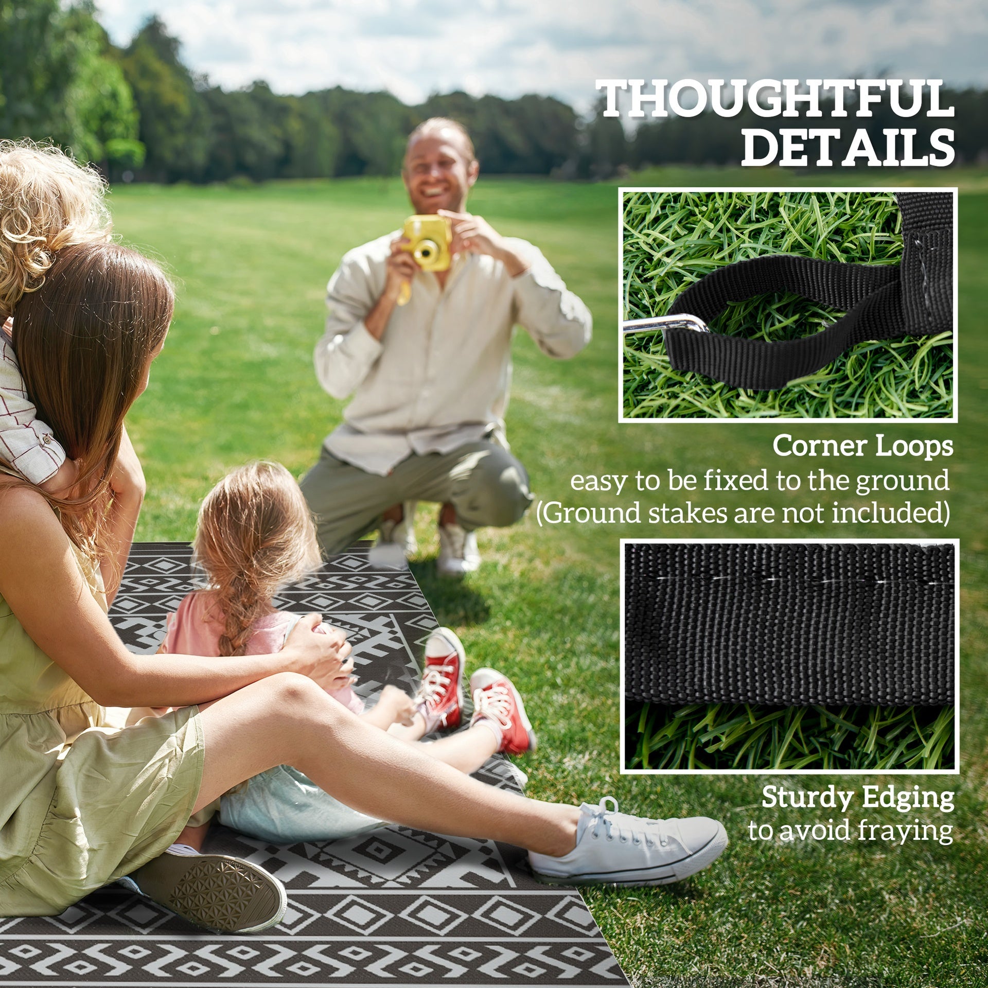 Outsunny Reversible Outdoor Rug, Waterproof Plastic Straw with Carry Bag, 9' x 18', Black & Gray Rhombus Border