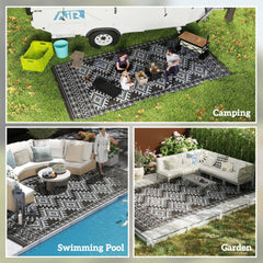 Outsunny Reversible Outdoor Rug, Waterproof Plastic Straw with Carry Bag, 9' x 18', Black & Gray Rhombus Border