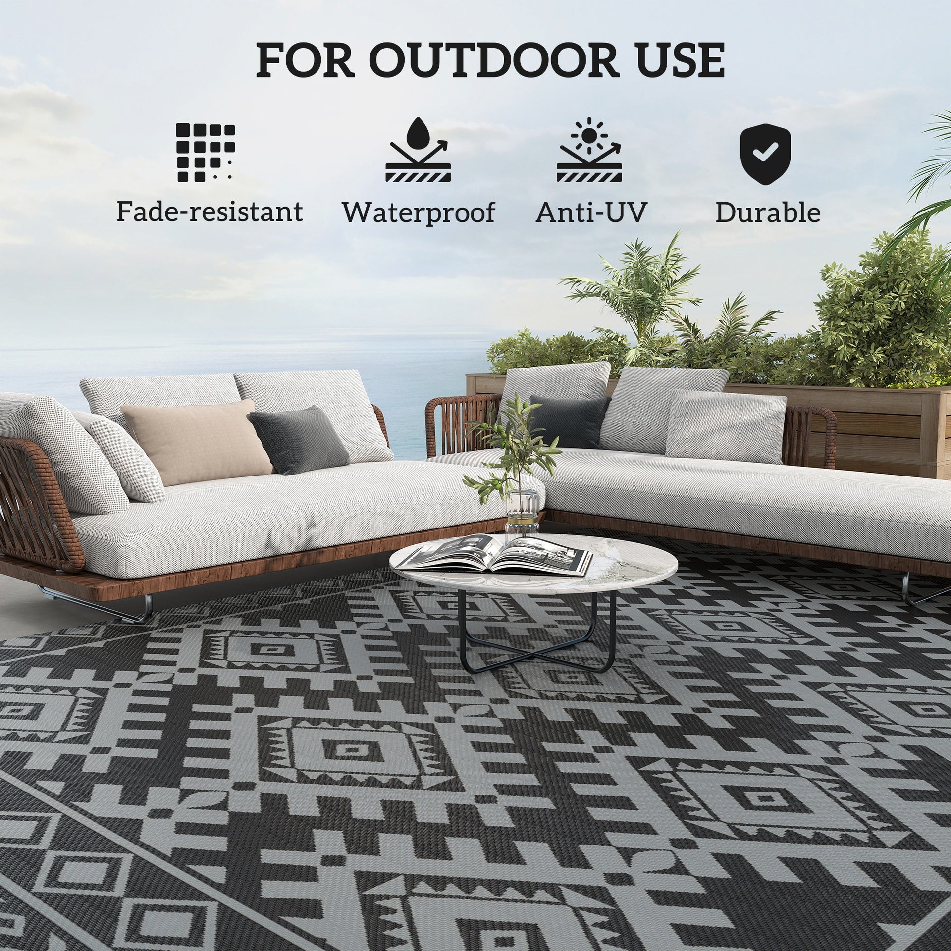 Outsunny Reversible Outdoor Rug, Waterproof Plastic Straw with Carry Bag, 9' x 18', Black & Gray Rhombus Border