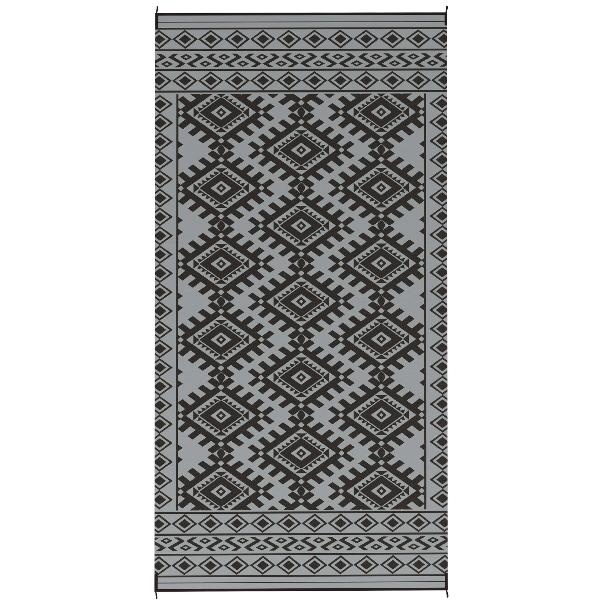 Outsunny Reversible Outdoor Rug, Waterproof Plastic Straw with Carry Bag, 9' x 18', Black & Gray Rhombus Border