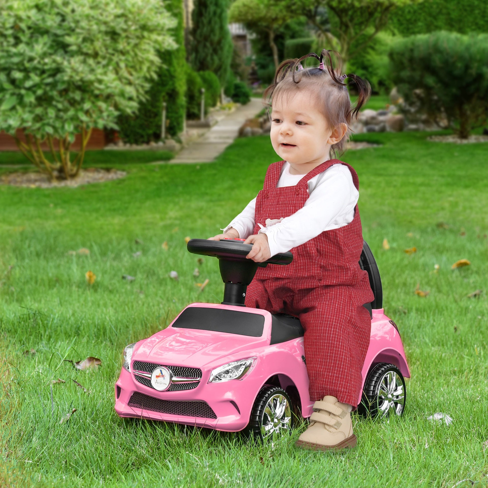 Aosom Kids Ride On Push Car, Foot-to-Floor Walking Sliding Toy Car for Toddler with Working Horn, Music, Headlights and Storage, Pink