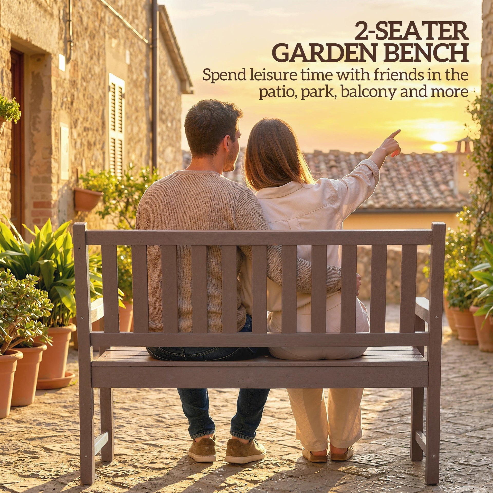 Outsunny 2-Person Garden Bench, HDPE Outdoor Bench with 530 lbs Capacity, Curved Seat for Backyard, Park, Porch, Lawn, Brown