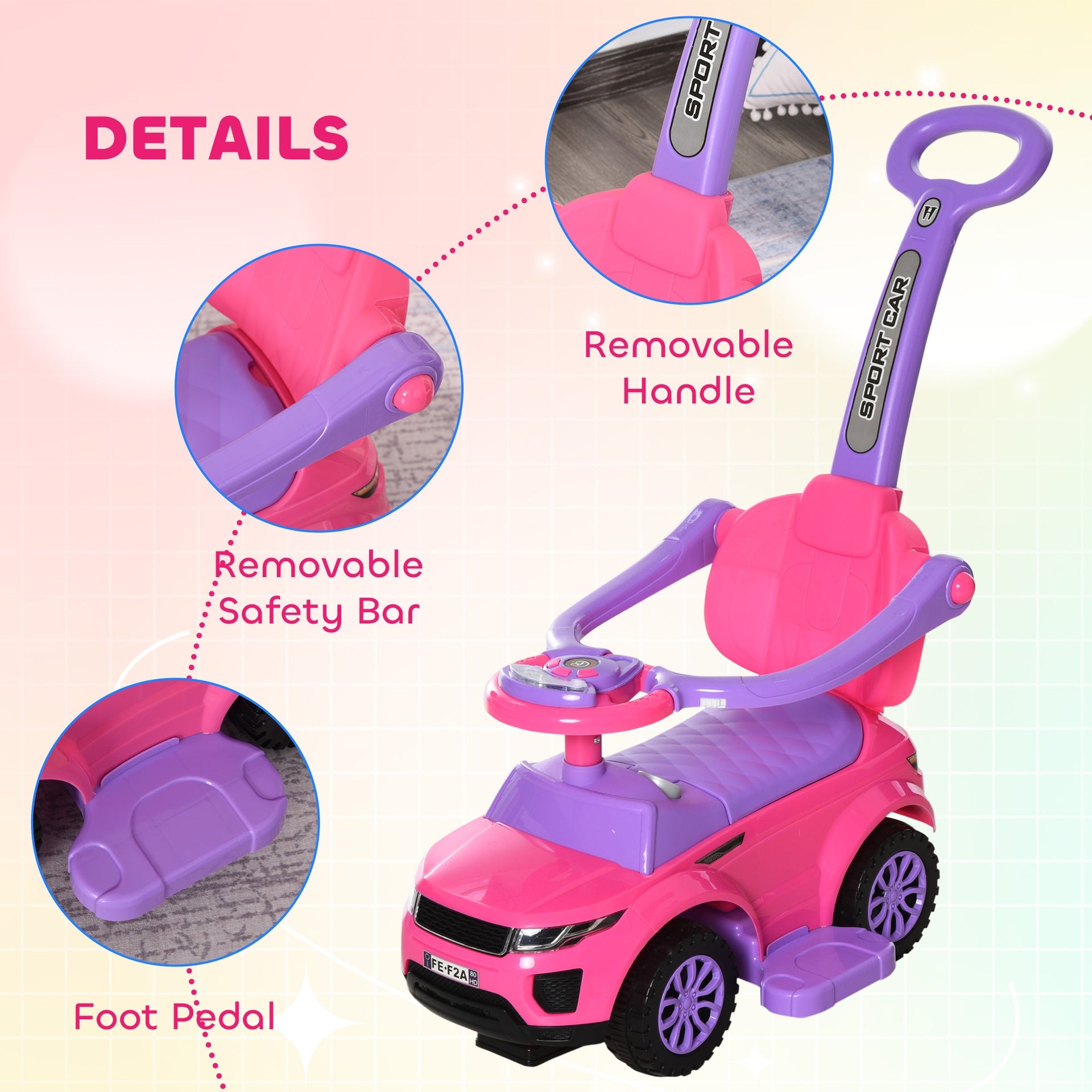 Aosom 3 In 1 Push Cars for Toddlers Kid Ride on Push Car Stroller Sliding Car with Horn Music Light Function Secure Bar Ride on Toy for Boy Girl 18-36 Months, Pink