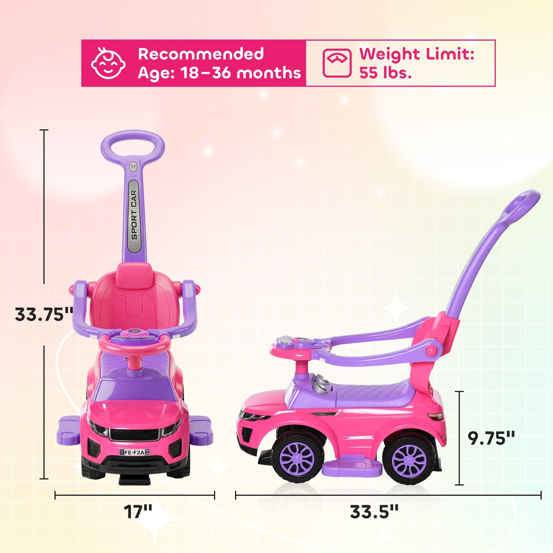 Aosom 3 In 1 Push Cars for Toddlers Kid Ride on Push Car Stroller Sliding Car with Horn Music Light Function Secure Bar Ride on Toy for Boy Girl 18-36 Months, Pink