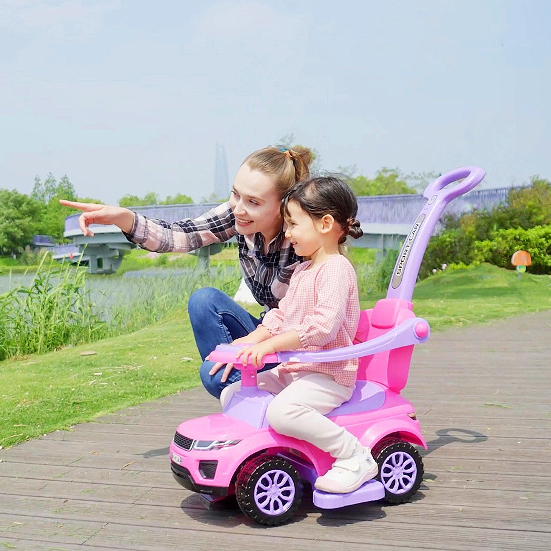 Aosom 3 In 1 Push Cars for Toddlers Kid Ride on Push Car Stroller Sliding Car with Horn Music Light Function Secure Bar Ride on Toy for Boy Girl 18-36 Months, Pink