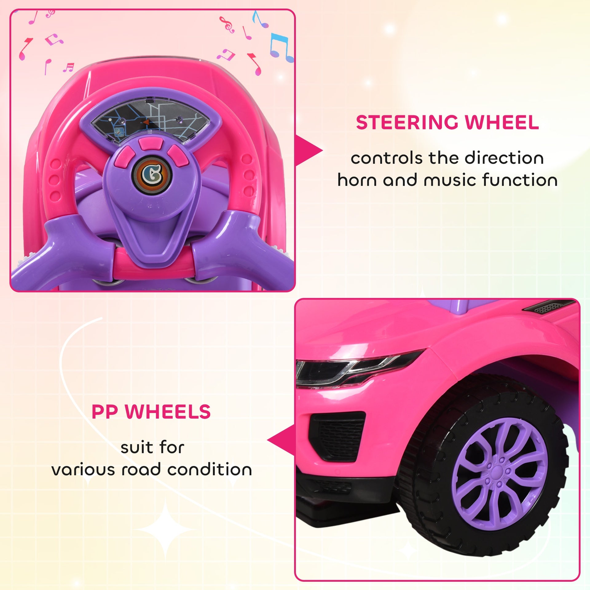 Aosom 3 In 1 Push Cars for Toddlers Kid Ride on Push Car Stroller Sliding Car with Horn Music Light Function Secure Bar Ride on Toy for Boy Girl 18-36 Months, Pink