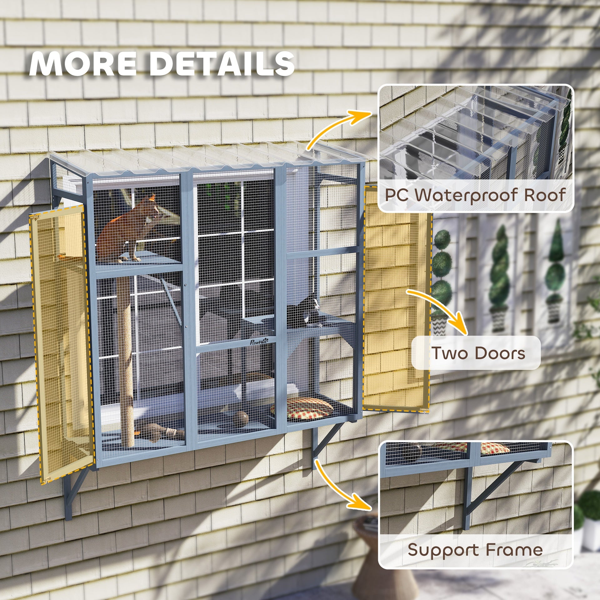 PawHut Catio Outdoor, Window Catio for 2-3 Large Indoor Cats w/ 2 Jumping Platforms, Scratching Post, for Playing, Napping