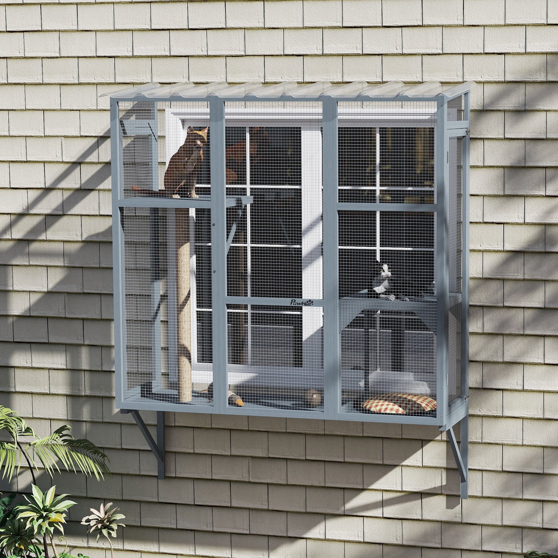 PawHut Catio Outdoor, Window Catio for 2-3 Large Indoor Cats w/ 2 Jumping Platforms, Scratching Post, for Playing, Napping