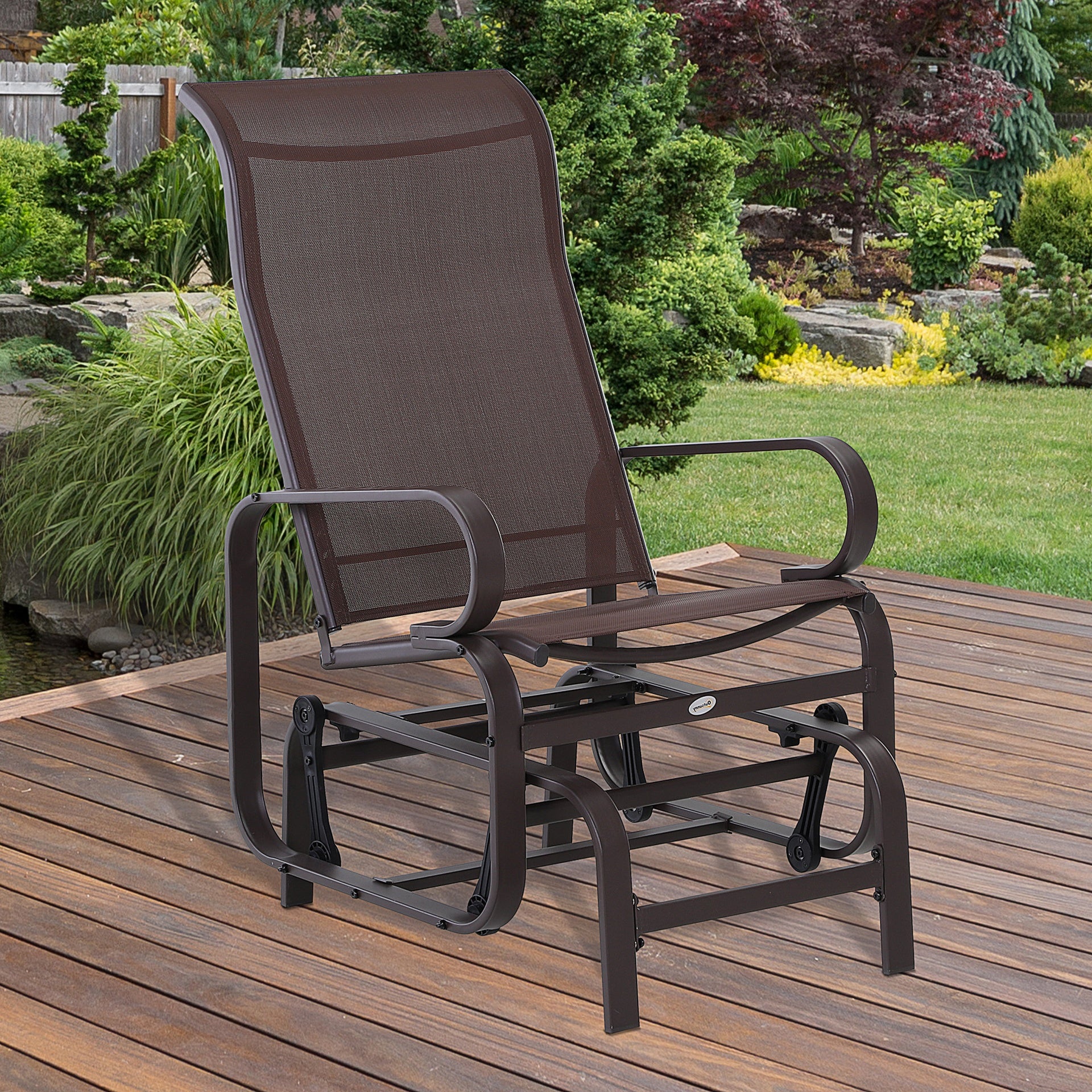 Outsunny 1-Person Outdoor Glider Swing, Single Rocker, Ergonomic Head Support, with Lightweight Metal & Mesh Construction, Supports Up to 352 lbs., for Backyard, Garden, Porch, Brown