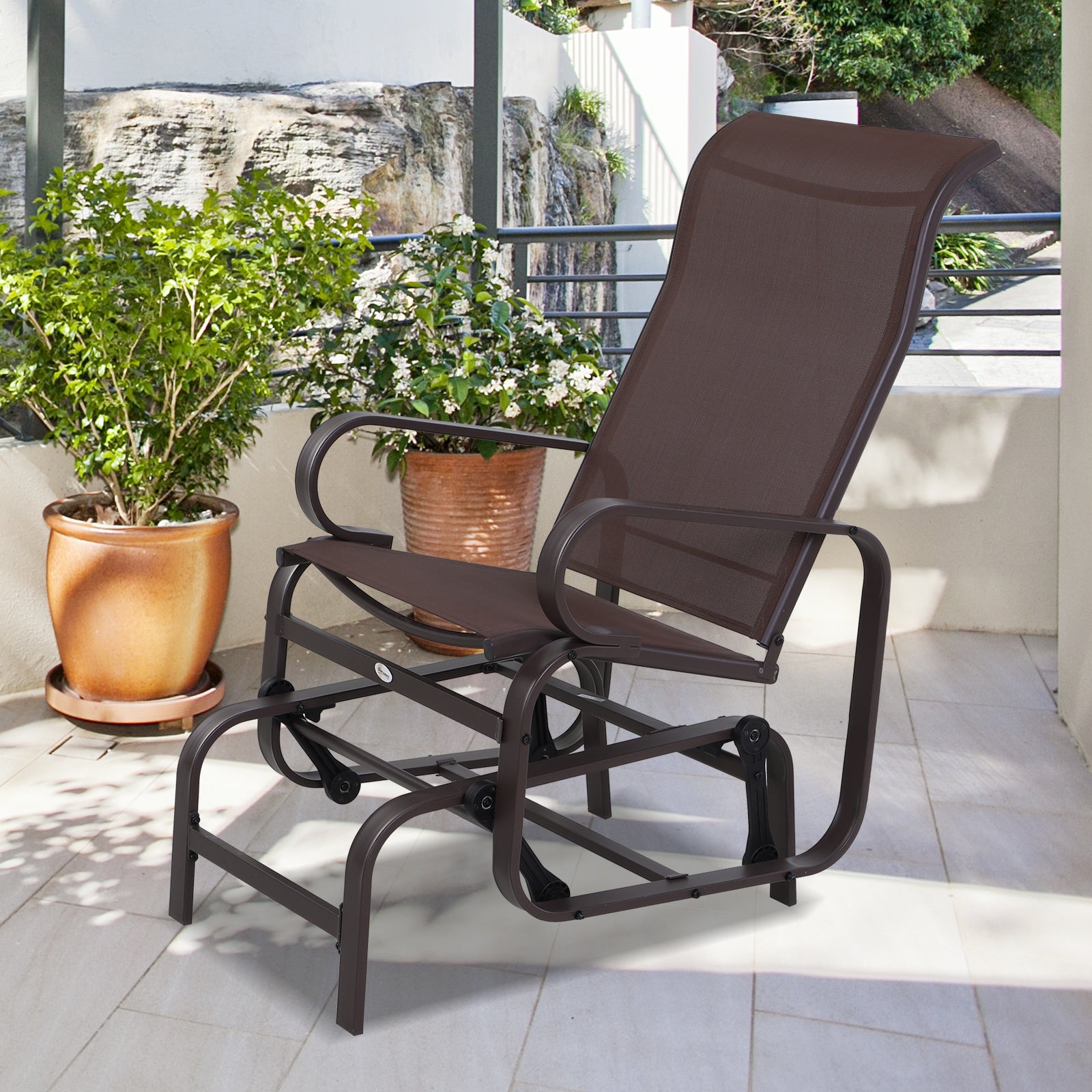 Outsunny 1-Person Outdoor Glider Swing, Single Rocker, Ergonomic Head Support, with Lightweight Metal & Mesh Construction, Supports Up to 352 lbs., for Backyard, Garden, Porch, Brown