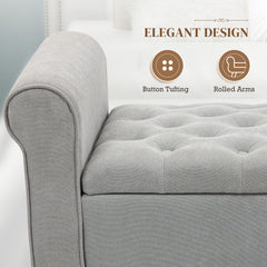 HOMCOM 50 Inches Storage Ottoman, End of Bed Bench with Rolled Arms, Wood Legs, Button Tufted Storage Bench, Gray
