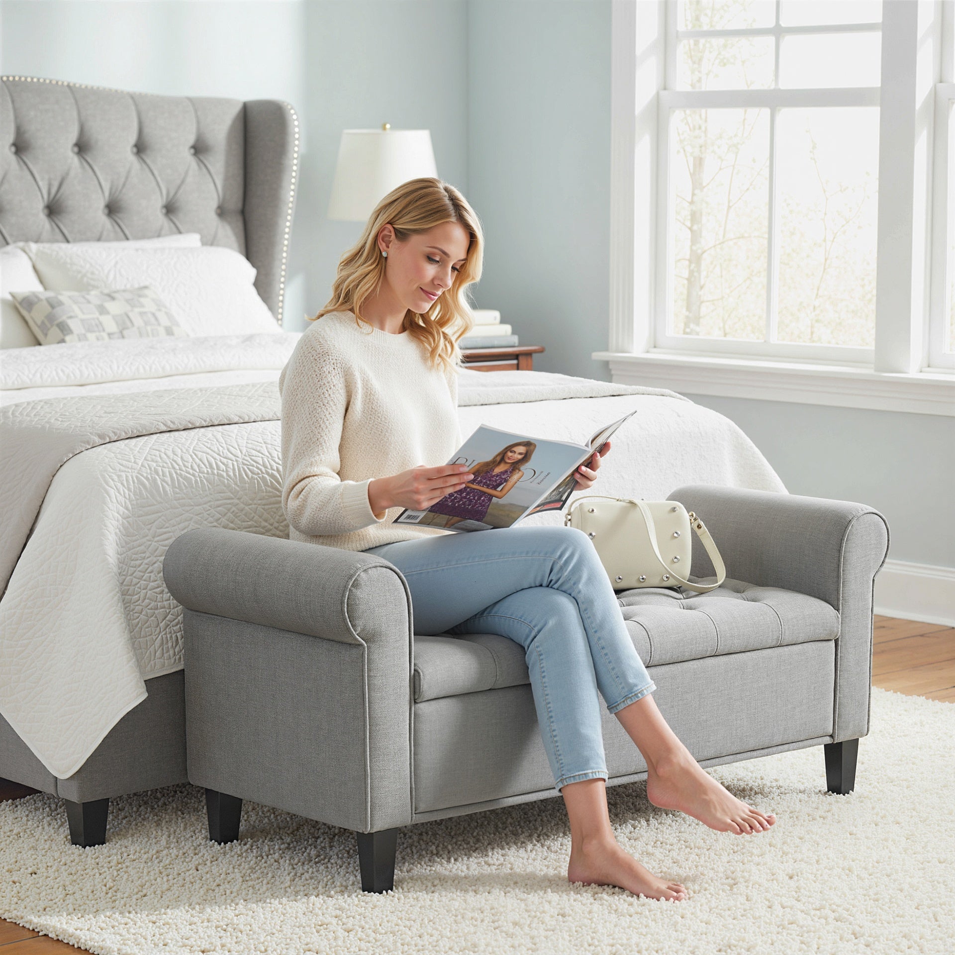 HOMCOM 50 Inches Storage Ottoman, End of Bed Bench with Rolled Arms, Wood Legs, Button Tufted Storage Bench, Gray