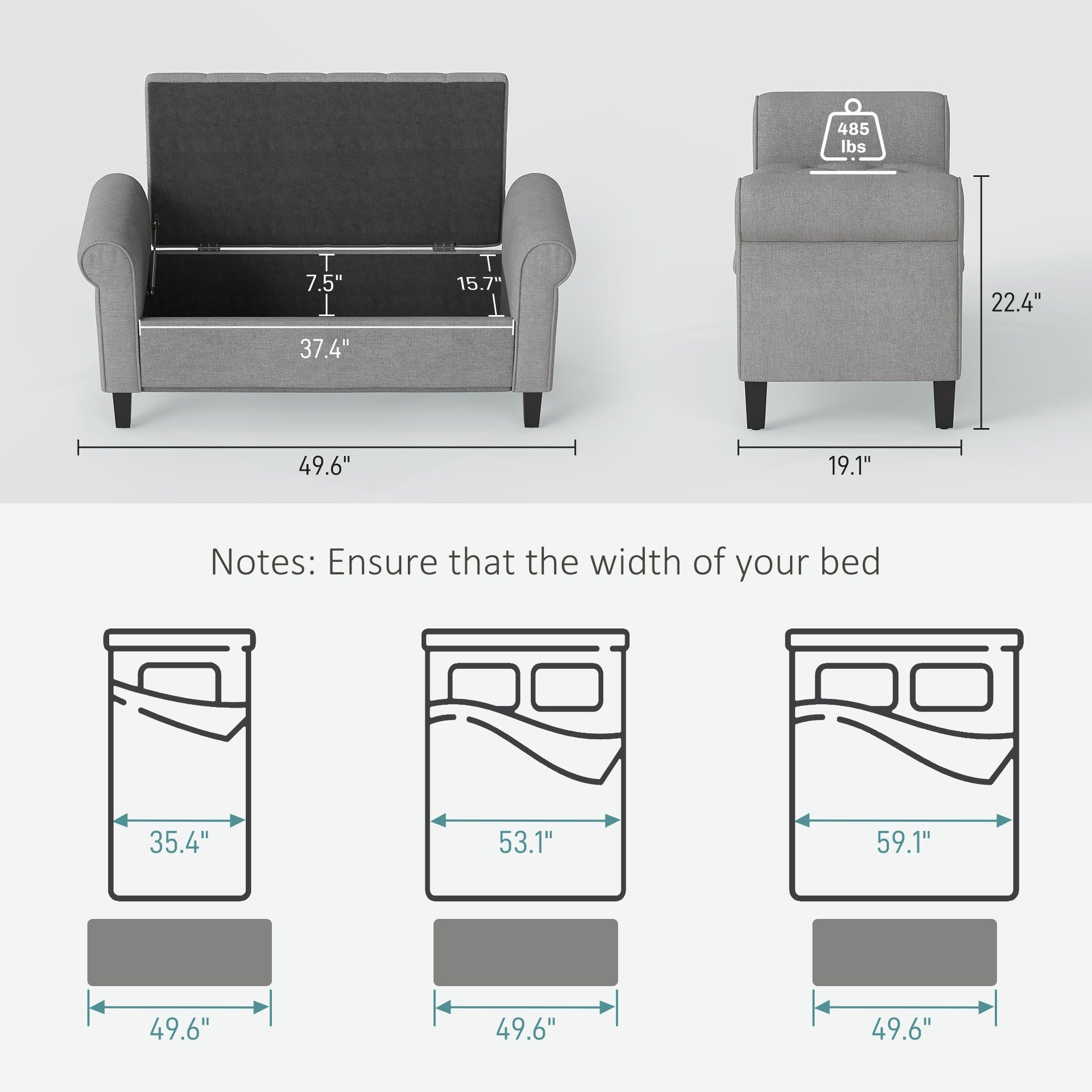 HOMCOM 50 Inches Storage Ottoman, End of Bed Bench with Rolled Arms, Wood Legs, Button Tufted Storage Bench, Gray
