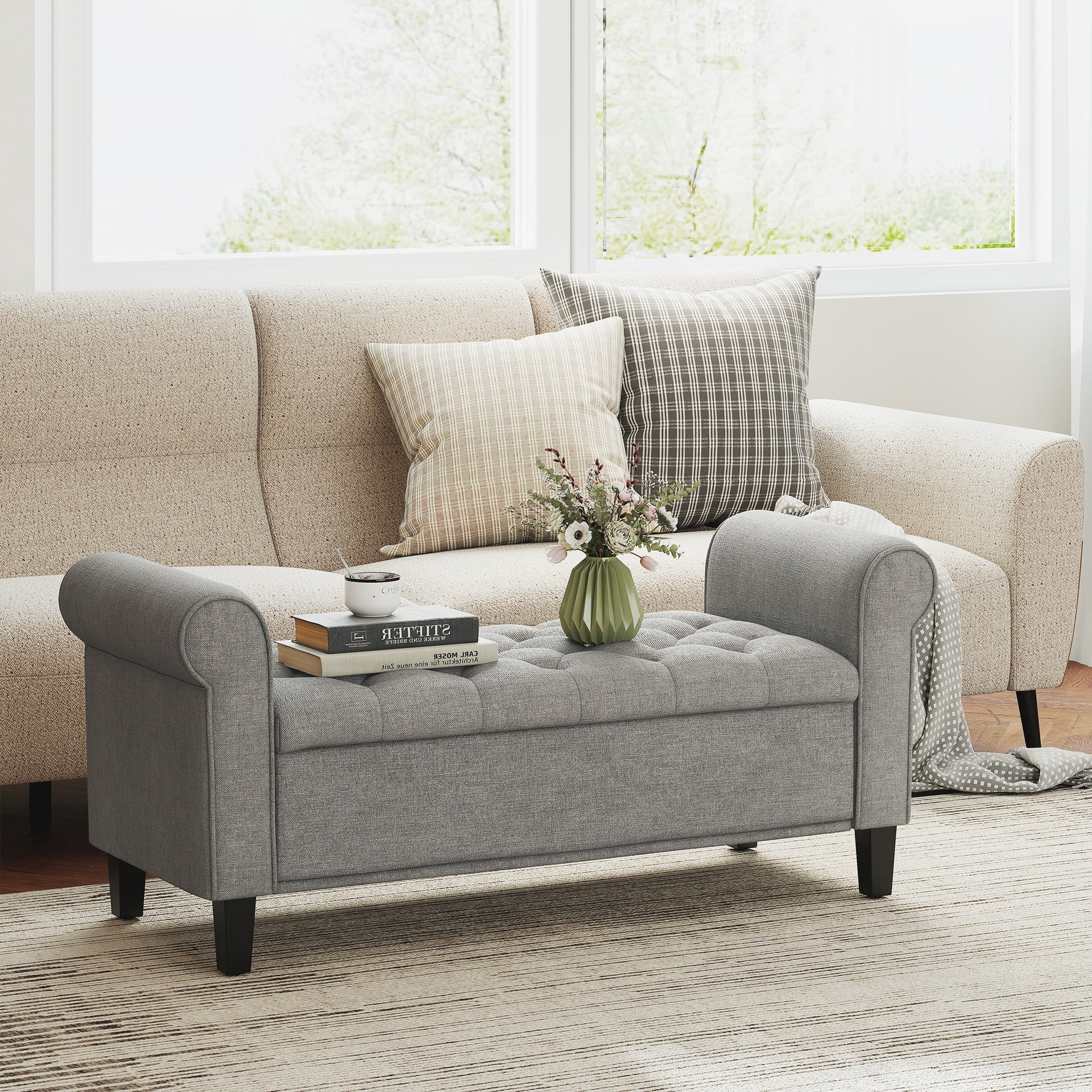 HOMCOM 50 Inches Storage Ottoman, End of Bed Bench with Rolled Arms, Wood Legs, Button Tufted Storage Bench, Gray