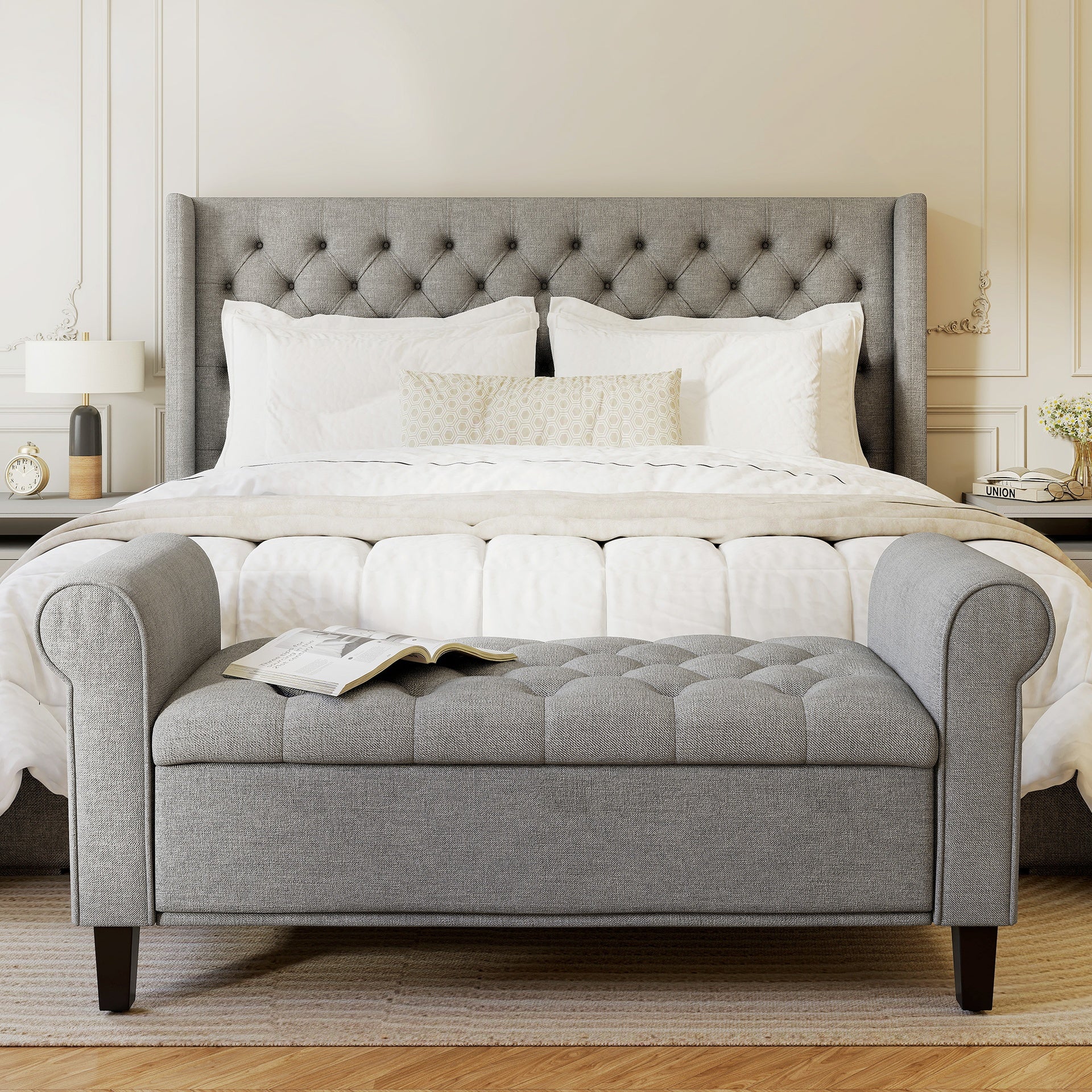 HOMCOM 50 Inches Storage Ottoman, End of Bed Bench with Rolled Arms, Wood Legs, Button Tufted Storage Bench, Gray