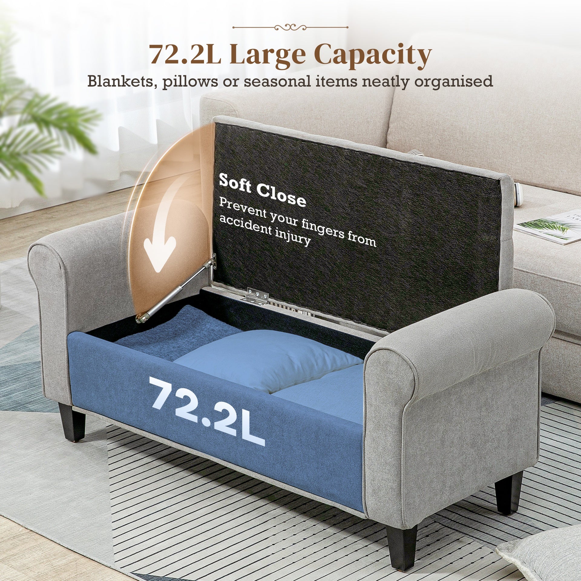 HOMCOM 50 Inches Storage Ottoman, End of Bed Bench with Rolled Arms, Wood Legs, Button Tufted Storage Bench, Gray