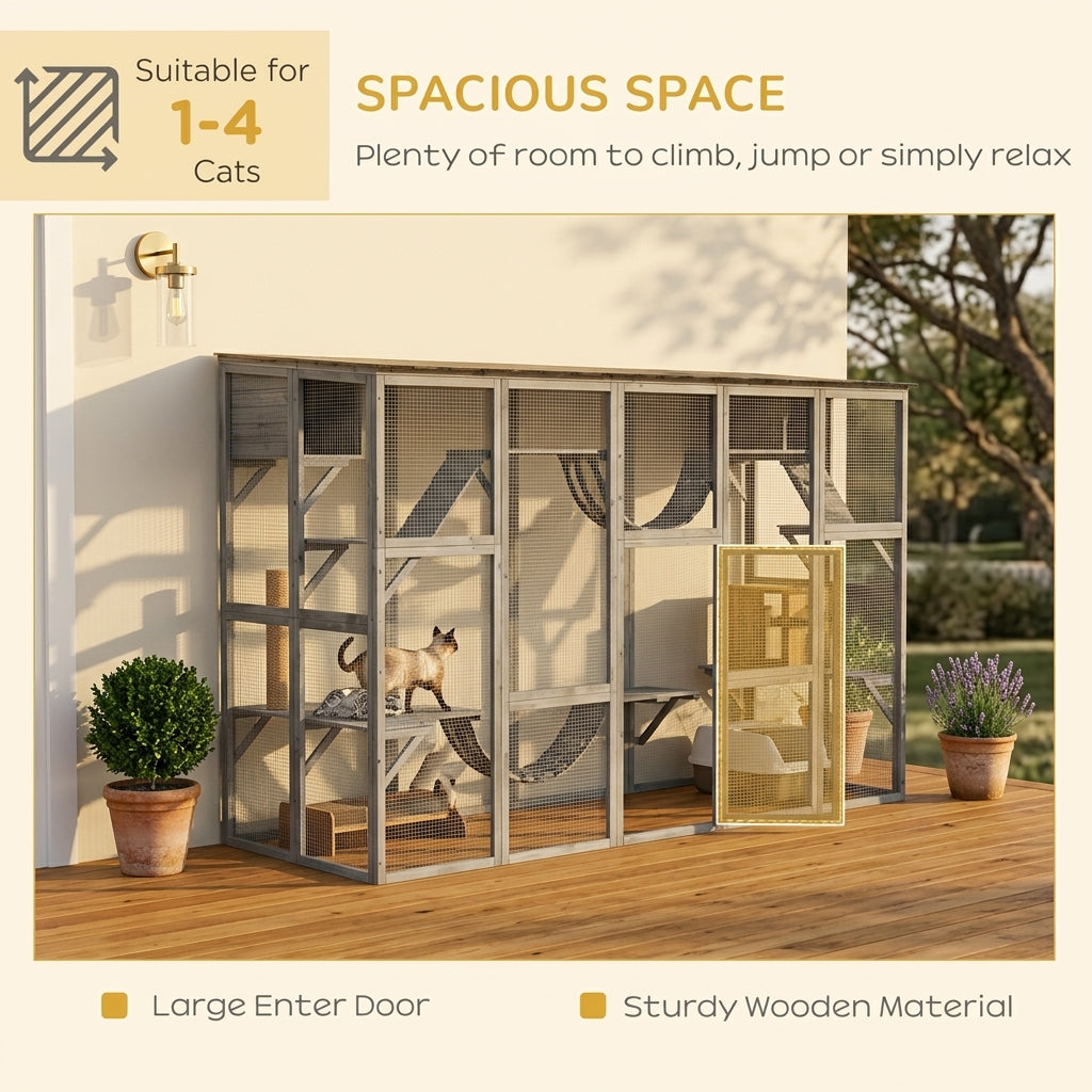 PawHut Catio Playground Cat Window Box Outside Enclosure for Multiple Cats w/ Shelves & Bridges, Gray