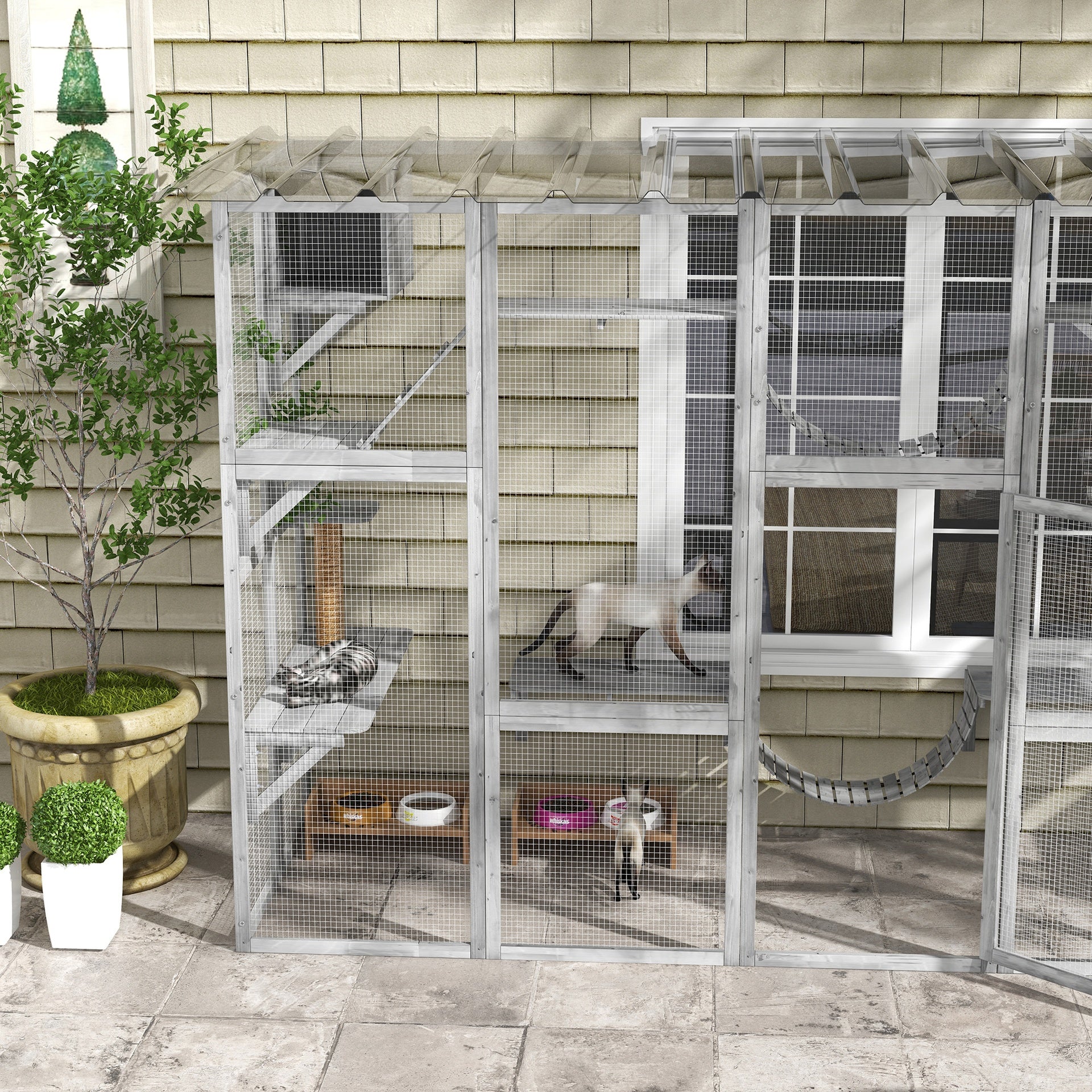 PawHut Catio Playground Cat Window Box Outside Enclosure for Multiple Cats w/ Shelves & Bridges, Gray