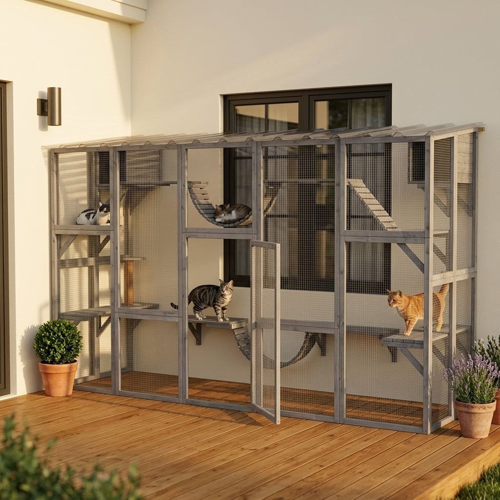 PawHut Catio Playground Cat Window Box Outside Enclosure for Multiple Cats w/ Shelves & Bridges, Gray
