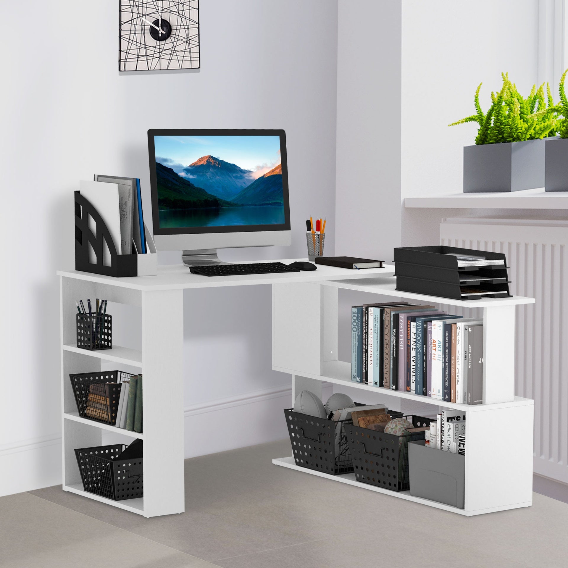 HOMCOM 360° Rotating Home Office Desk L Shaped Corner Computer Desk with Storage Shelves, Writing Table Workstation, White