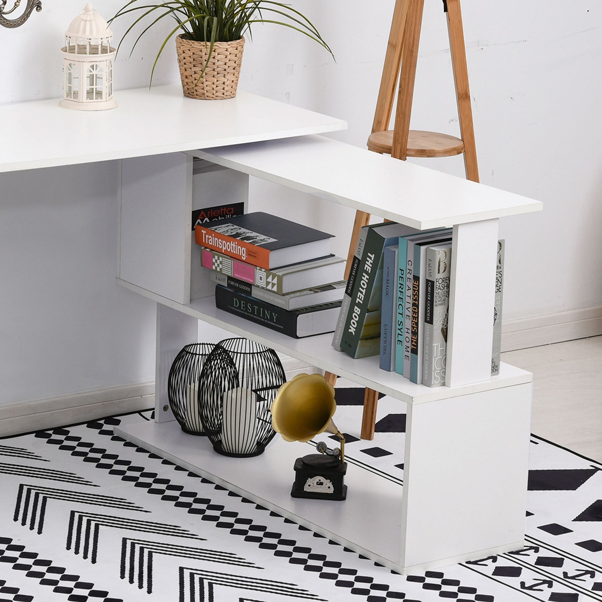 HOMCOM 360° Rotating Home Office Desk L Shaped Corner Computer Desk with Storage Shelves, Writing Table Workstation, White