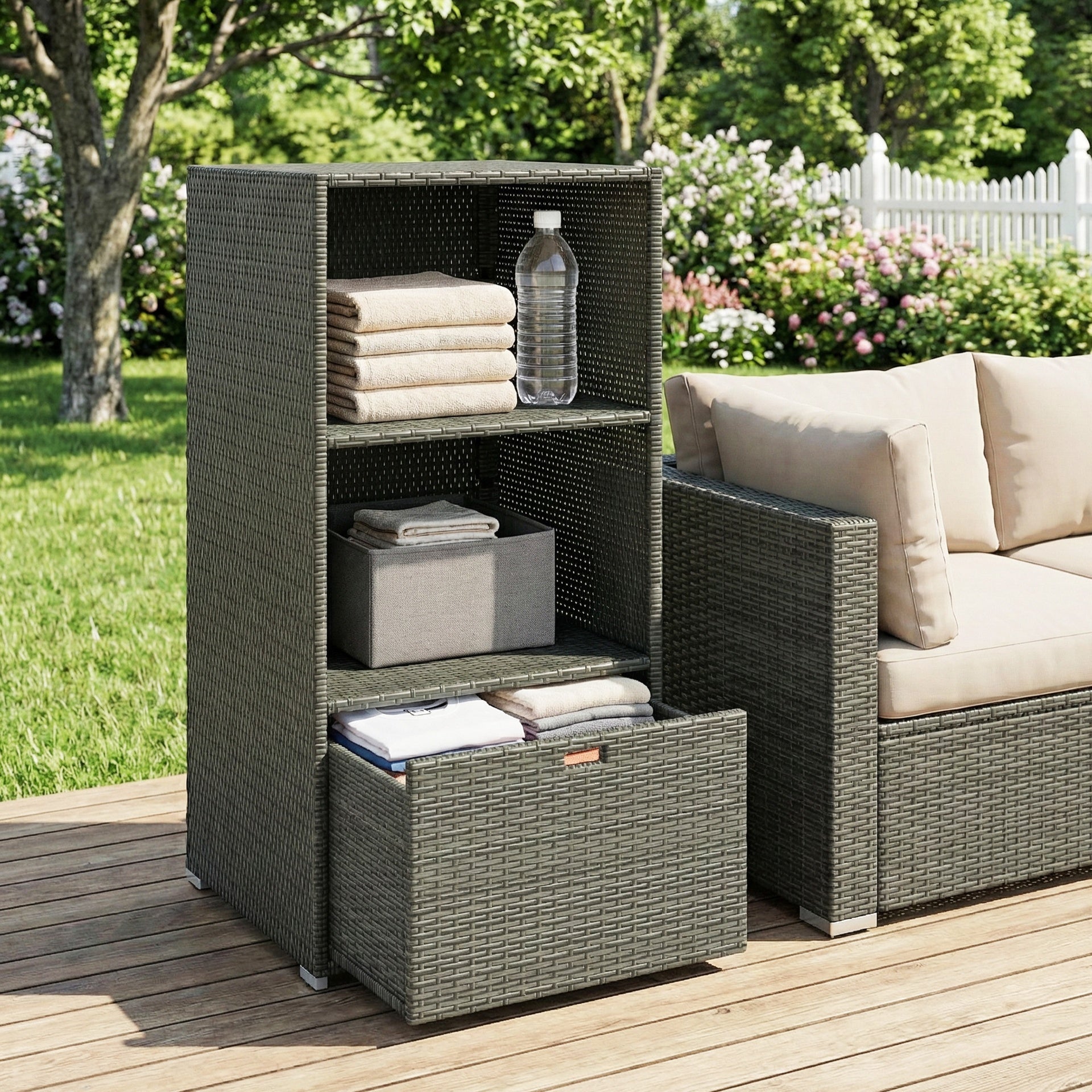 Outsunny Valet Pool Towel Rack, Water-Resistant PE Plastic Rattan Wicker Storage Organizer, 2 Shelves, 1 Basket Drawer, Dark Gray