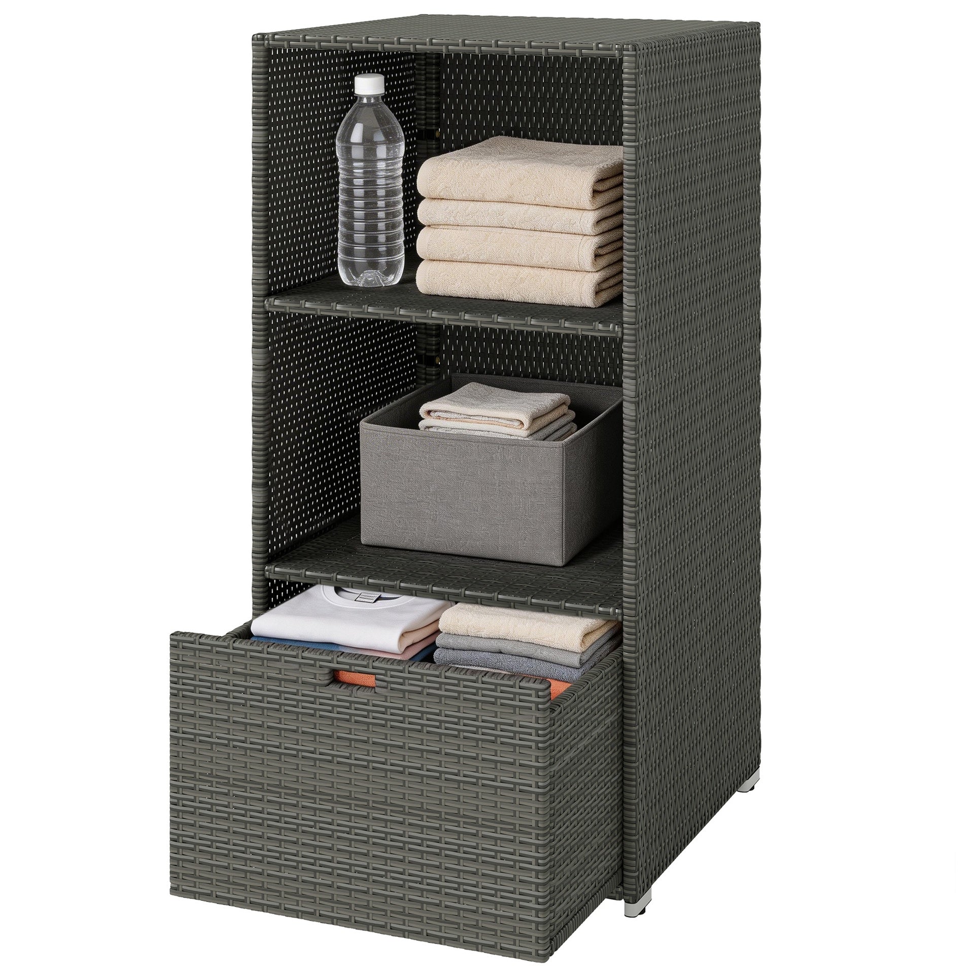 Outsunny Valet Pool Towel Rack, Water-Resistant PE Plastic Rattan Wicker Storage Organizer, 2 Shelves, 1 Basket Drawer, Dark Gray