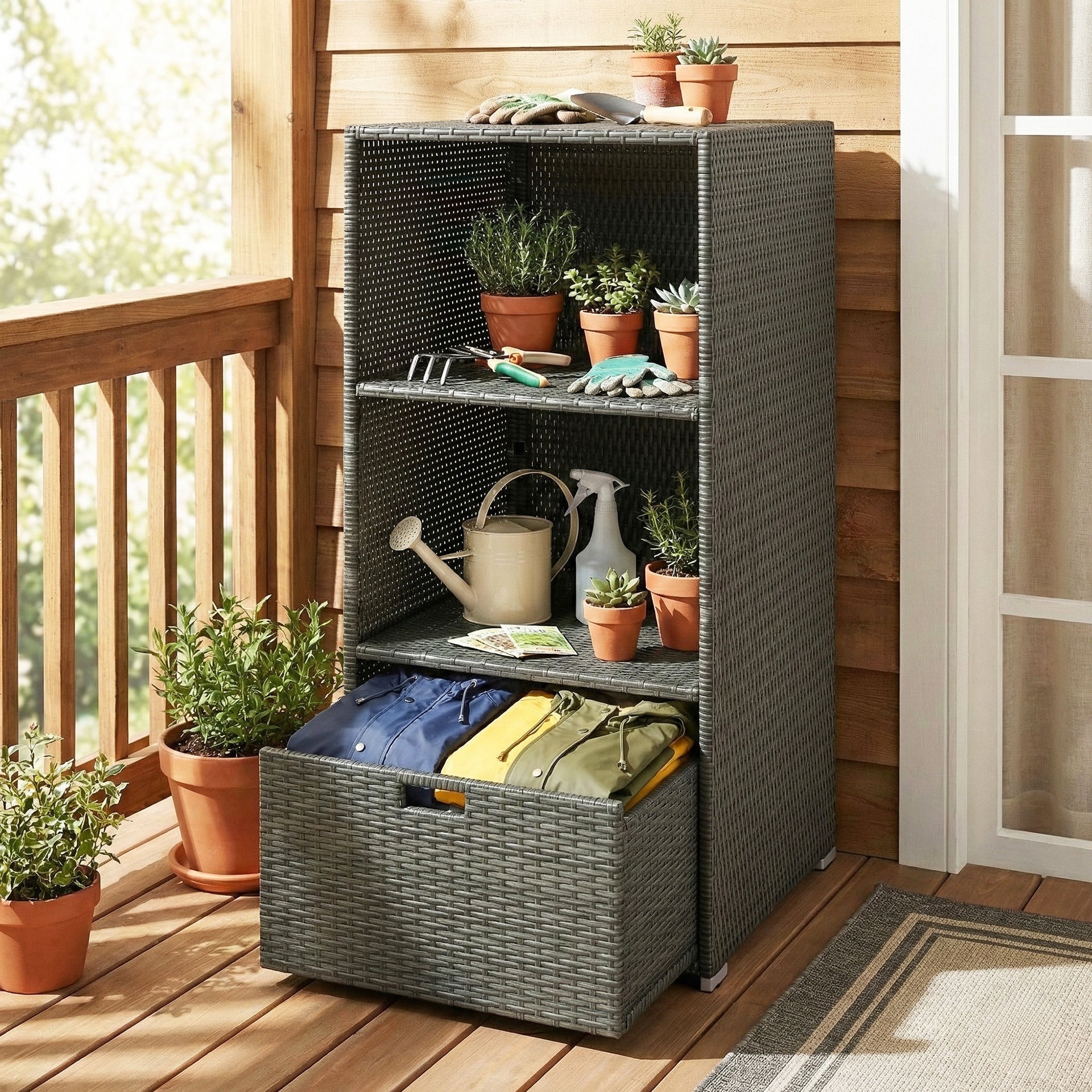 Outsunny Valet Pool Towel Rack, Water-Resistant PE Plastic Rattan Wicker Storage Organizer, 2 Shelves, 1 Basket Drawer, Dark Gray