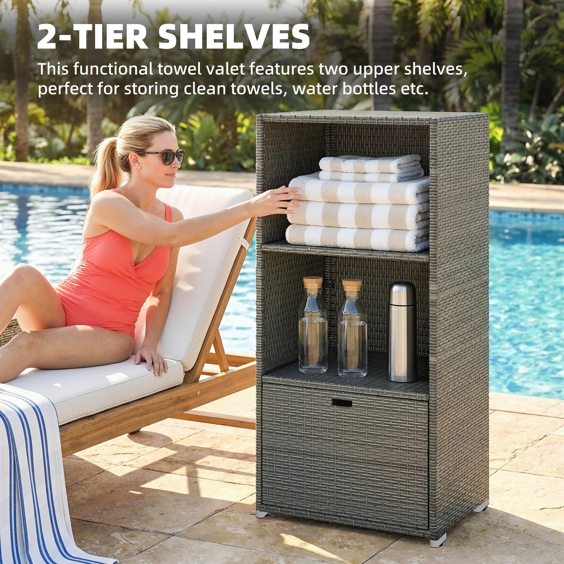 Outsunny Valet Pool Towel Rack, Water-Resistant PE Plastic Rattan Wicker Storage Organizer, 2 Shelves, 1 Basket Drawer, Dark Gray