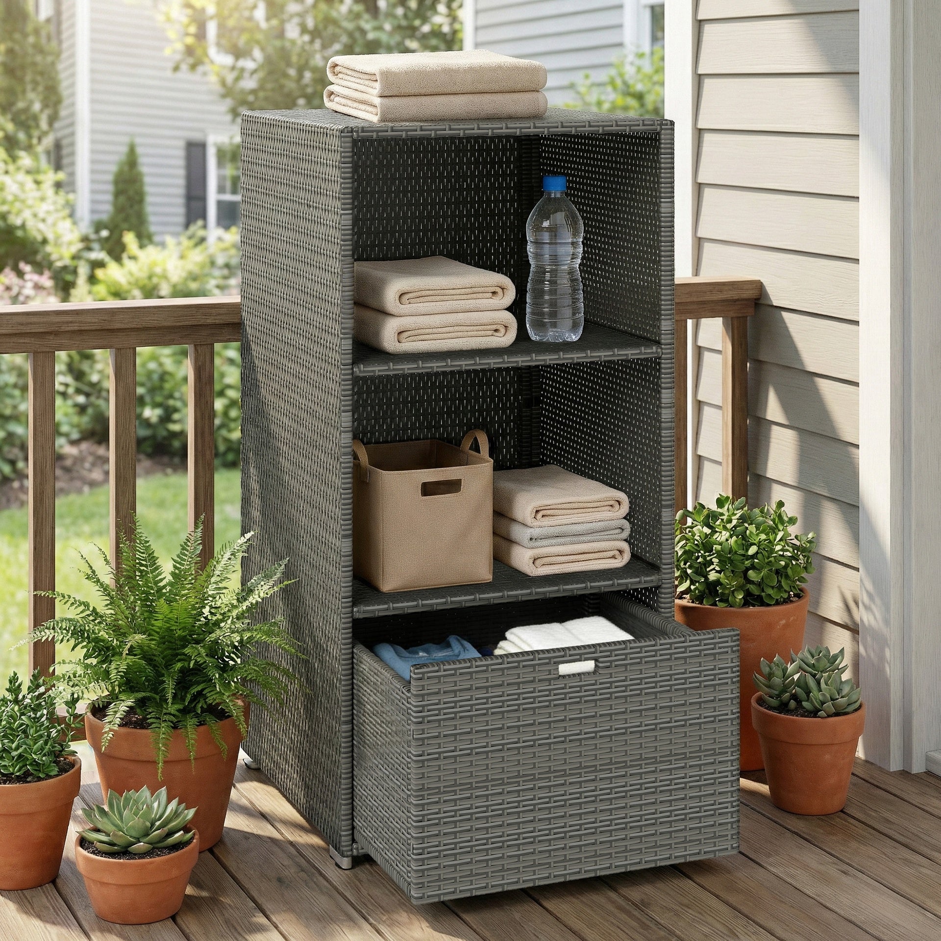 Outsunny Valet Pool Towel Rack, Water-Resistant PE Plastic Rattan Wicker Storage Organizer, 2 Shelves, 1 Basket Drawer, Dark Gray