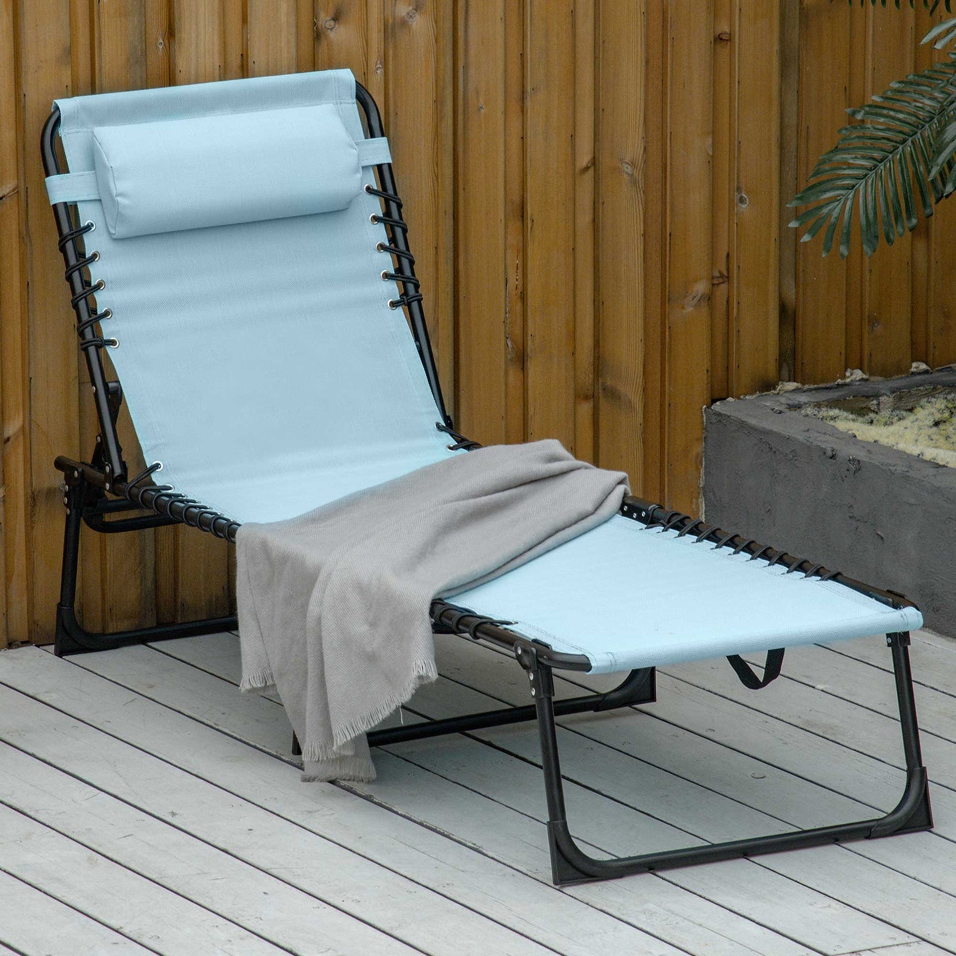 Outsunny Folding Chaise Lounge Pool Chair with 4-Position Reclining Back, Pillow, Breathable Mesh & Bungee Seat, Baby Blue
