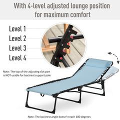 Outsunny Folding Chaise Lounge Pool Chair with 4-Position Reclining Back, Pillow, Breathable Mesh & Bungee Seat, Baby Blue