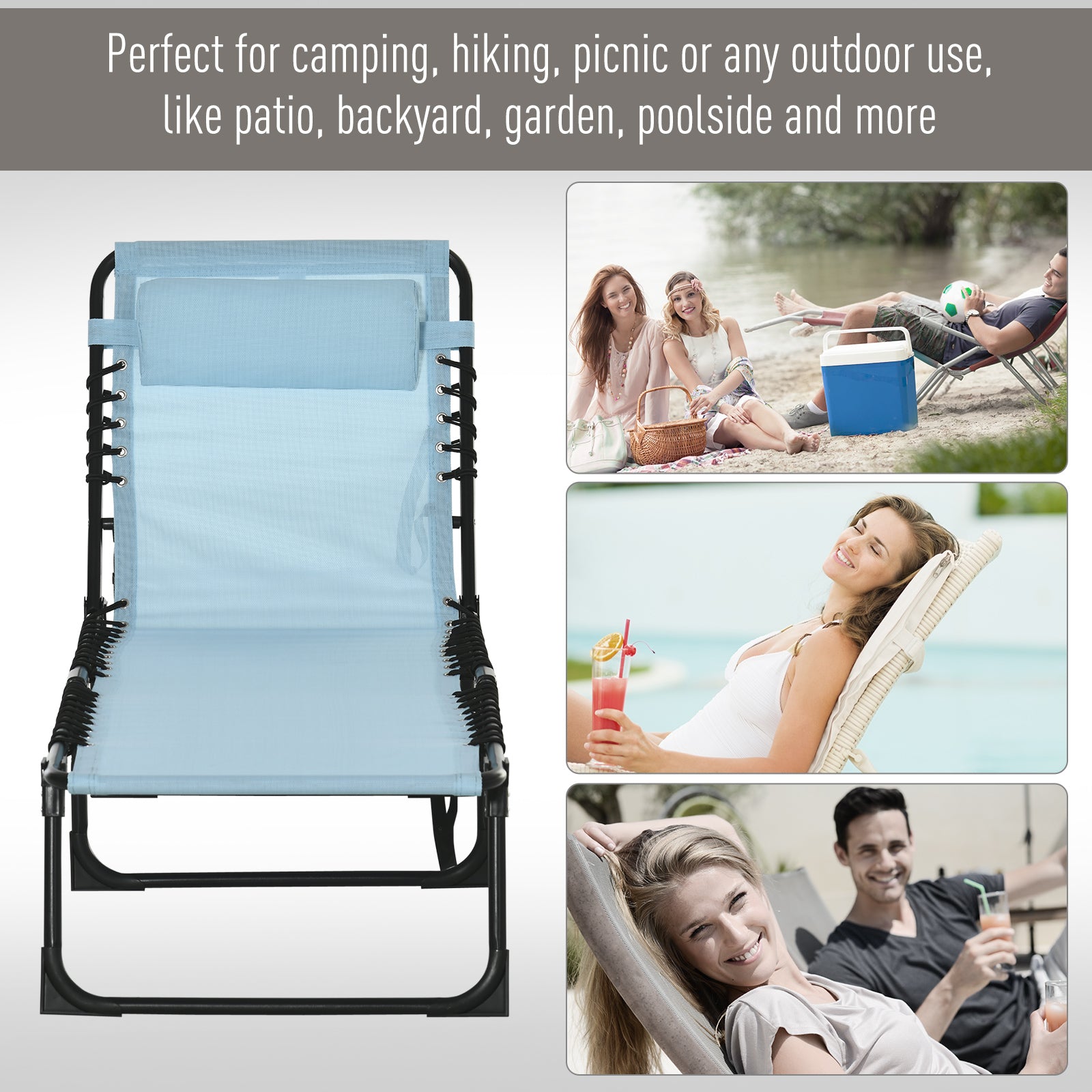 Outsunny Folding Chaise Lounge Pool Chair with 4-Position Reclining Back, Pillow, Breathable Mesh & Bungee Seat, Baby Blue