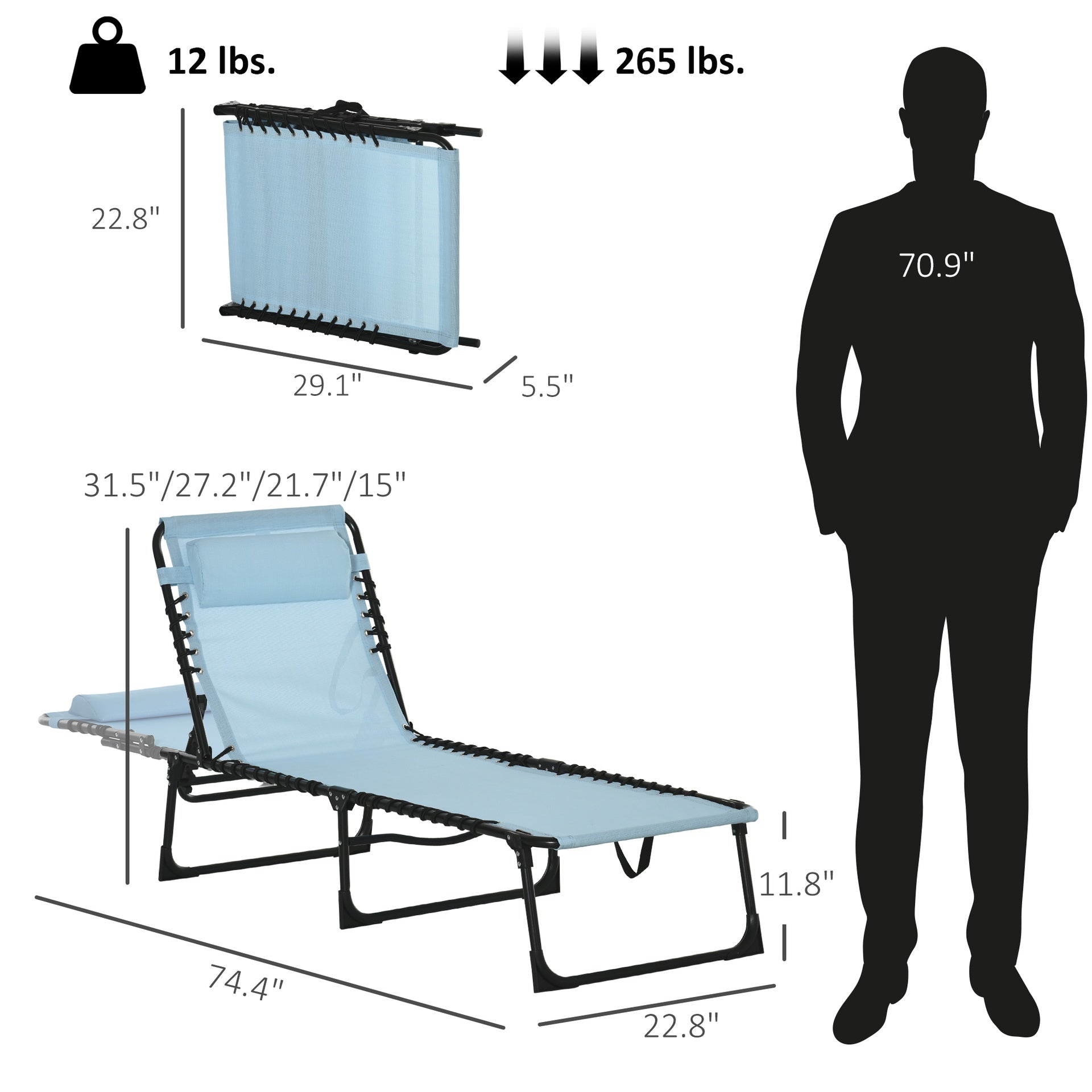 Outsunny Folding Chaise Lounge Pool Chair with 4-Position Reclining Back, Pillow, Breathable Mesh & Bungee Seat, Baby Blue