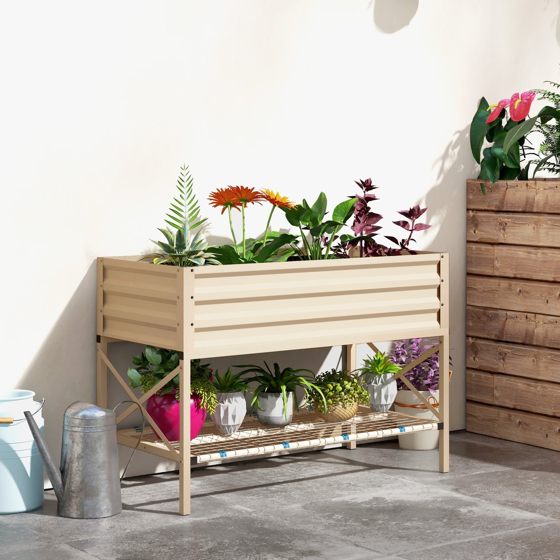 Outsunny Galvanized Raised Garden Bed, Metal Planter Box with Legs, Storage Shelf and Bed Liner, Cream