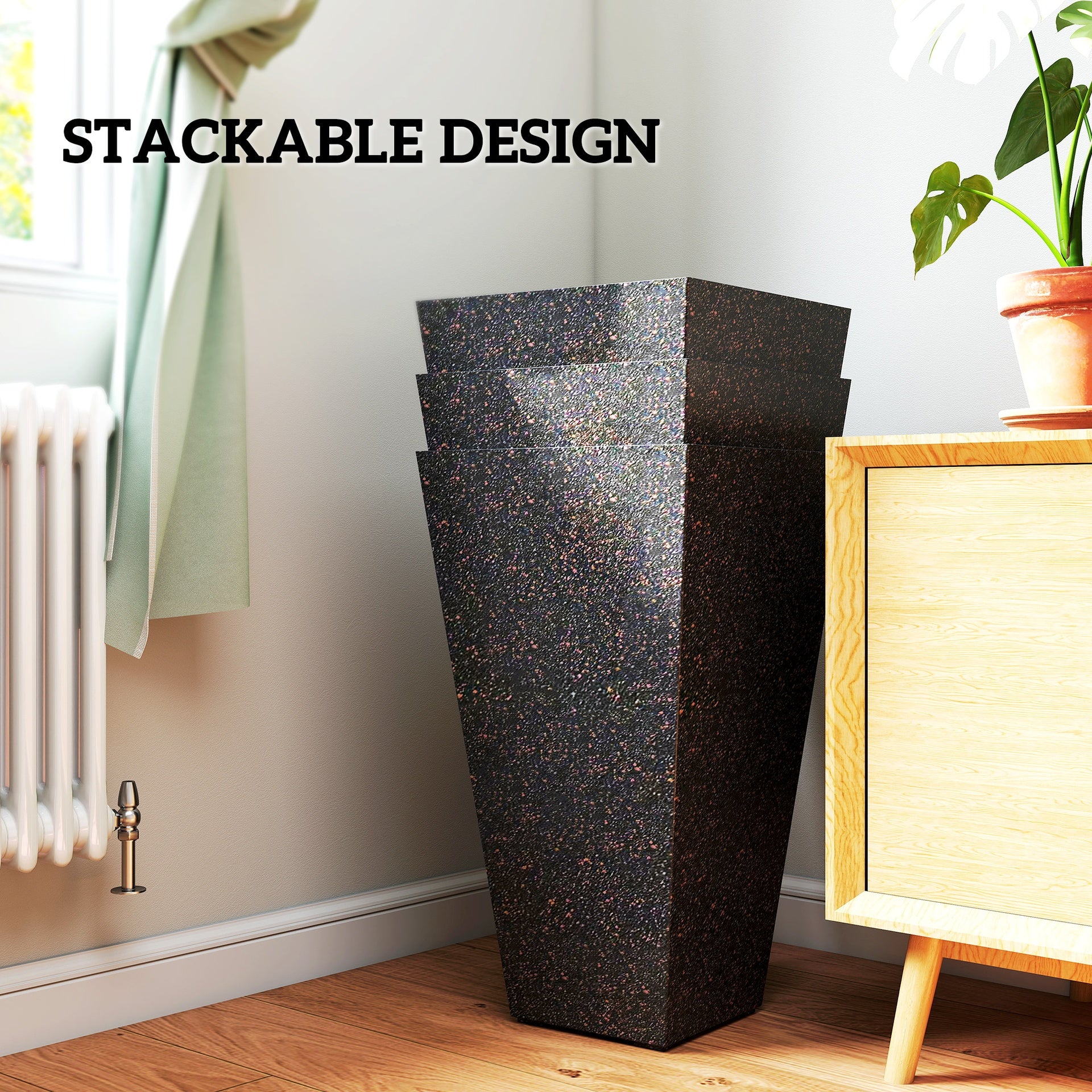 Outsunny 28" Tall Planters, Set of 3 Plastic Flower Pots with Marble Finish and Drainage Holes, Stackable Taper Planters, Brown