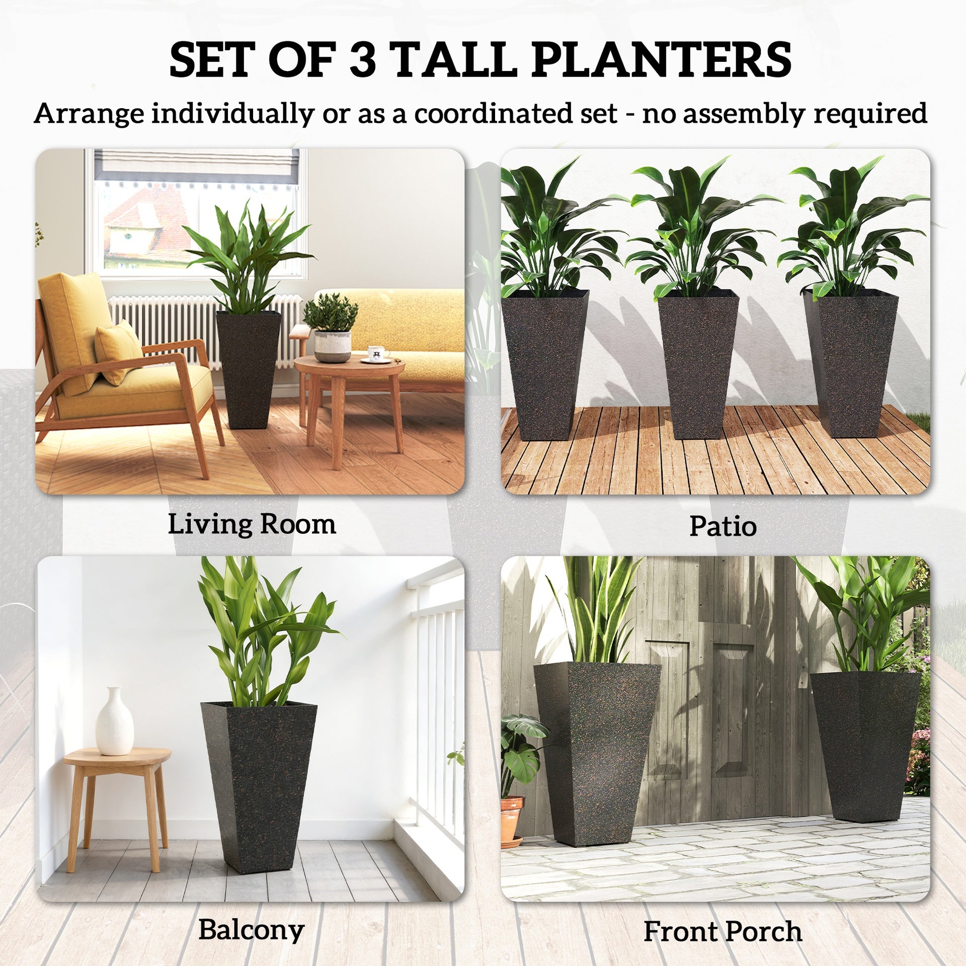 Outsunny 28" Tall Planters, Set of 3 Plastic Flower Pots with Marble Finish and Drainage Holes, Stackable Taper Planters, Brown