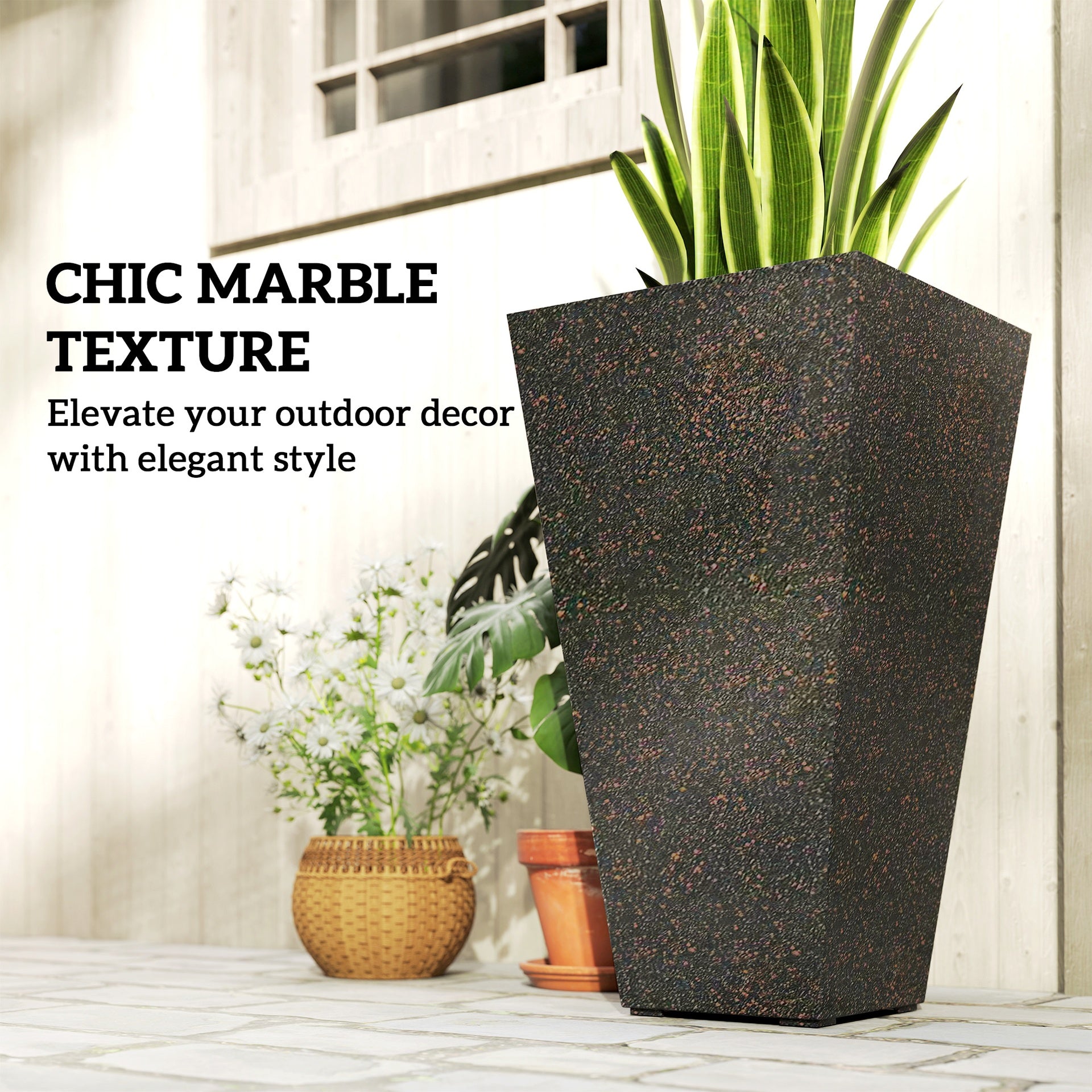 Outsunny 28" Tall Planters, Set of 3 Plastic Flower Pots with Marble Finish and Drainage Holes, Stackable Taper Planters, Brown