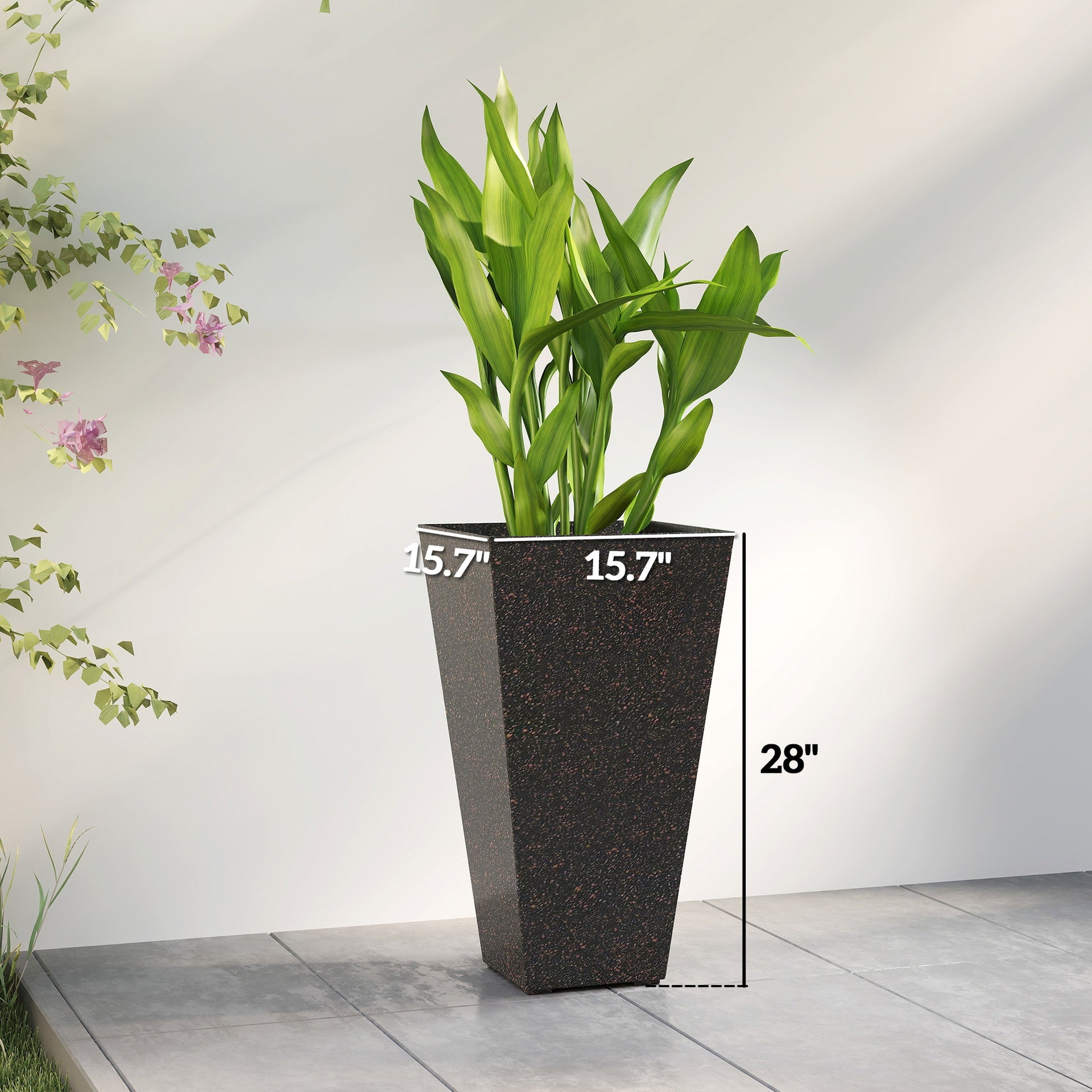 Outsunny 28" Tall Planters, Set of 3 Plastic Flower Pots with Marble Finish and Drainage Holes, Stackable Taper Planters, Brown