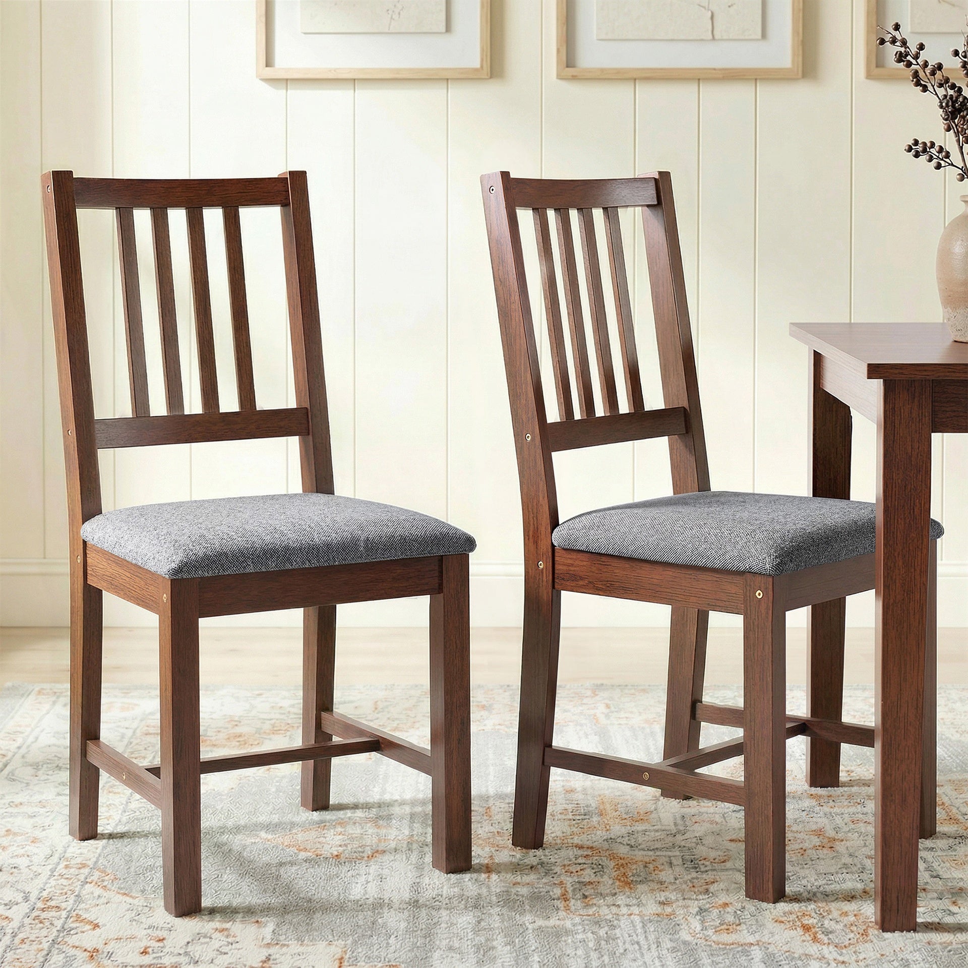 HOMCOM Set of 2 Dining Chairs, Upholstered Slat Back Dining Room Chairs with Rubberwood Legs and Padded Seat, Walnut