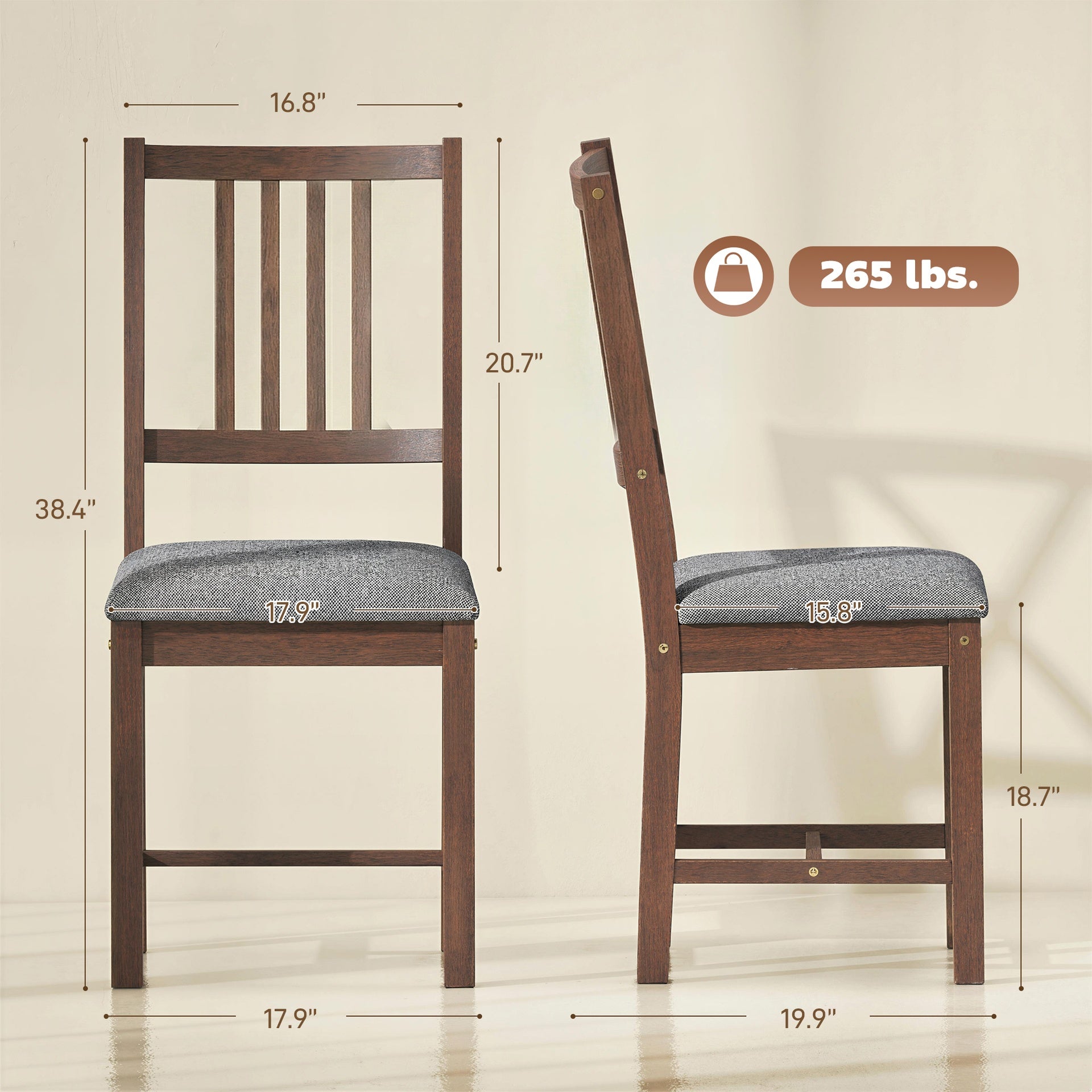 HOMCOM Set of 2 Dining Chairs, Upholstered Slat Back Dining Room Chairs with Rubberwood Legs and Padded Seat, Walnut
