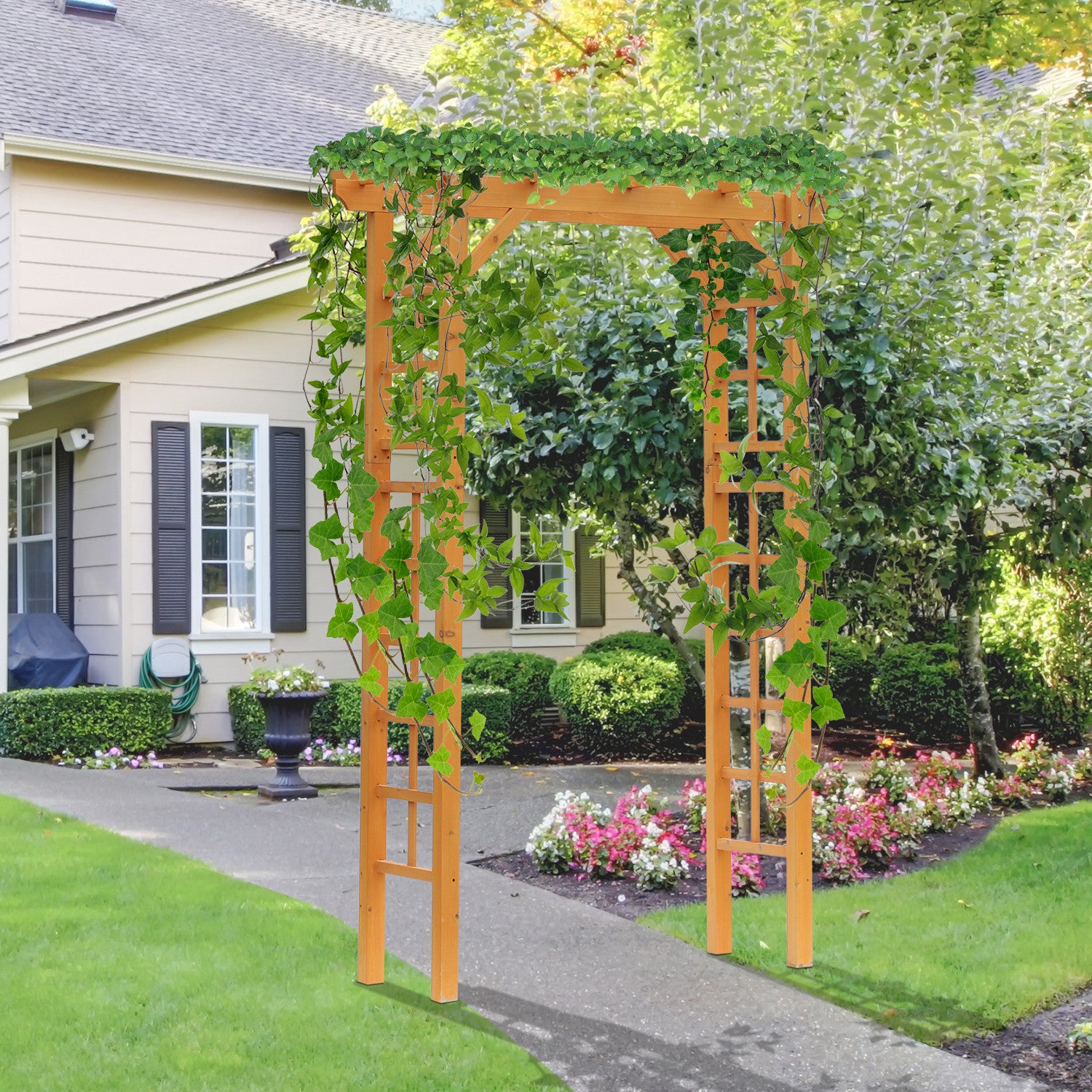 Outsunny 7' Wood Steel Outdoor Garden Arched Trellis Arbor with Natural Fir Wood & Side Panel for Climbing Vines, Orange