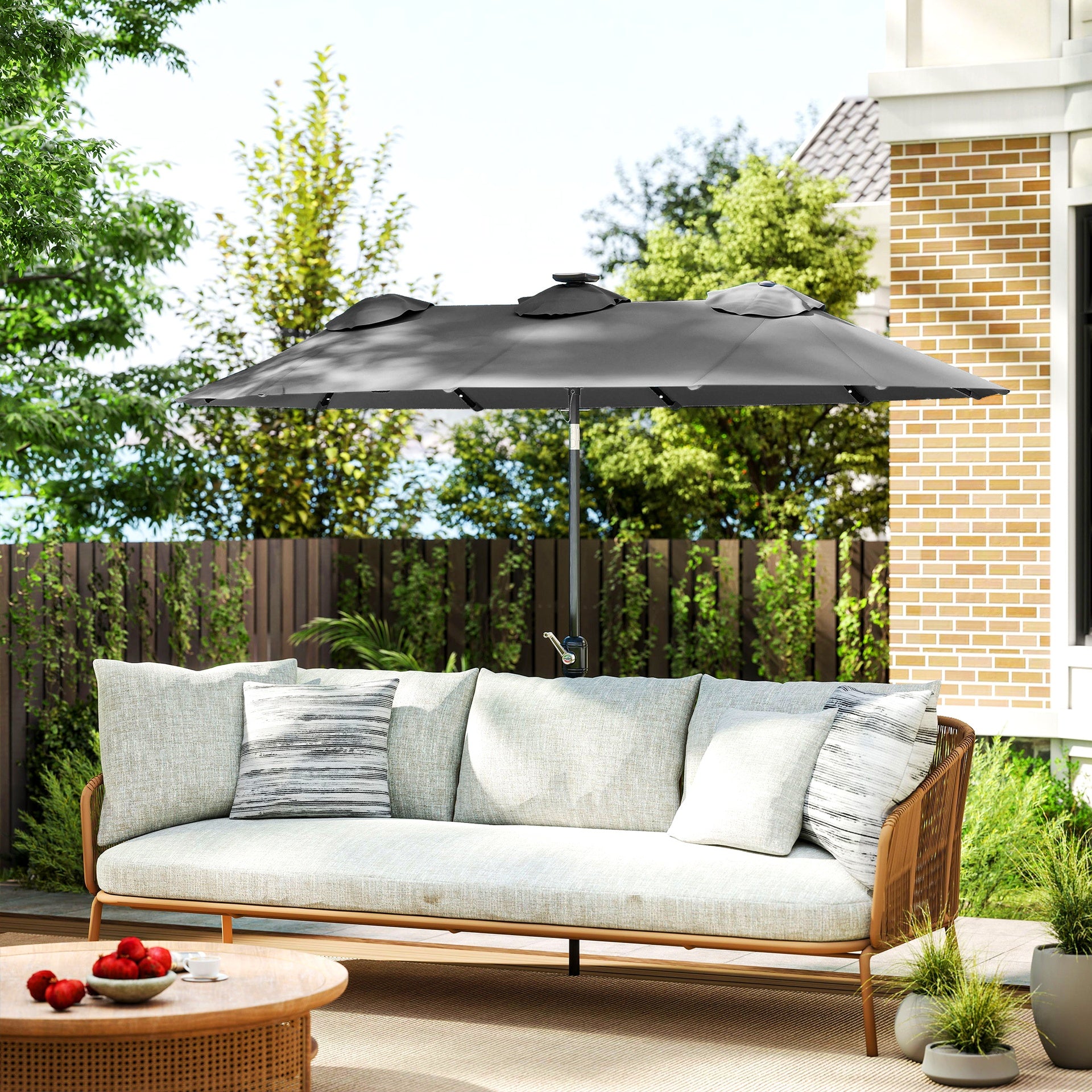 Outsunny Double-sided Patio Umbrella, 9.7' Outdoor Umbrella with Tilt and Crank, LED Solar Light and 12 Ribs, Gray