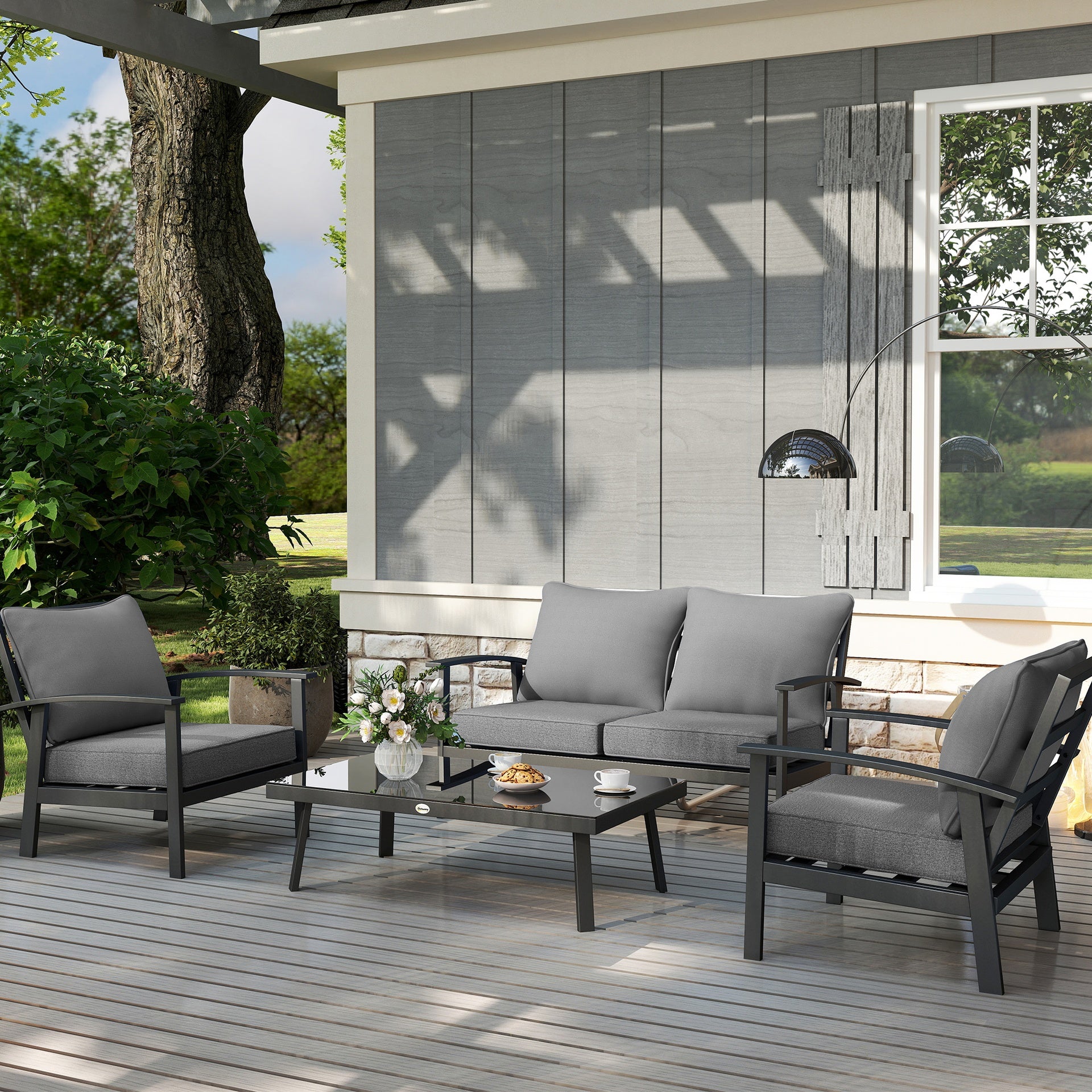 Outsunny Patio Chair Cushions Set of 4 with Seat & Backrest, Fade Resistant Seat Replacement Cushion Set, Gray